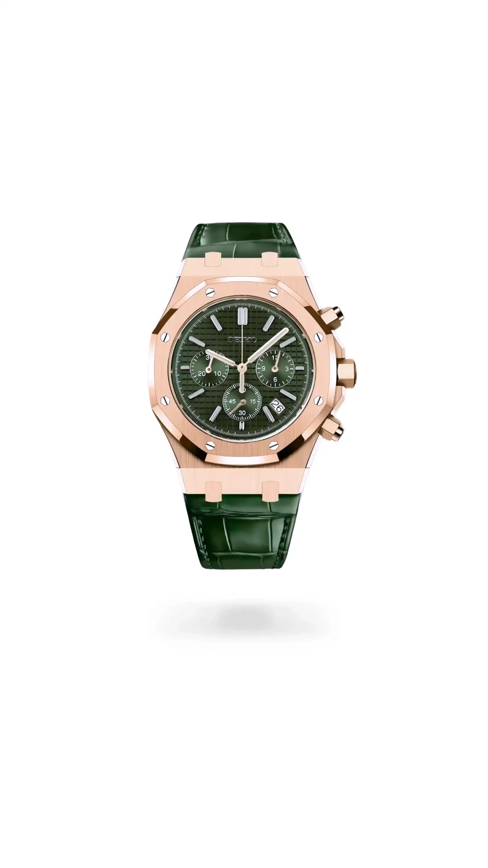 Mod Royal Seikoak chronograph rose gold olive green watch - Circa Watch Labs