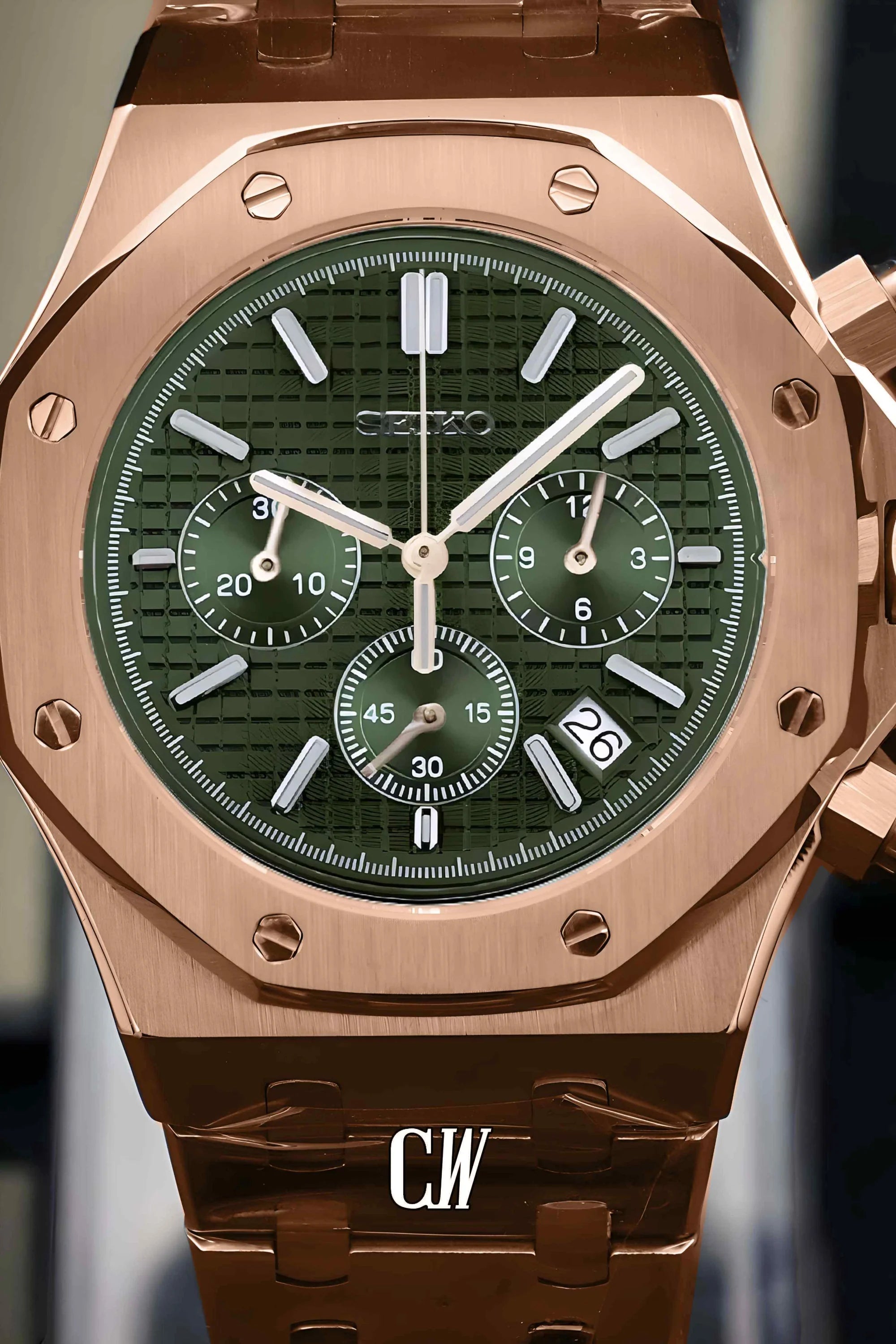 Mod Royal Seikoak chronograph rose gold olive green watch - Circa Watch Labs