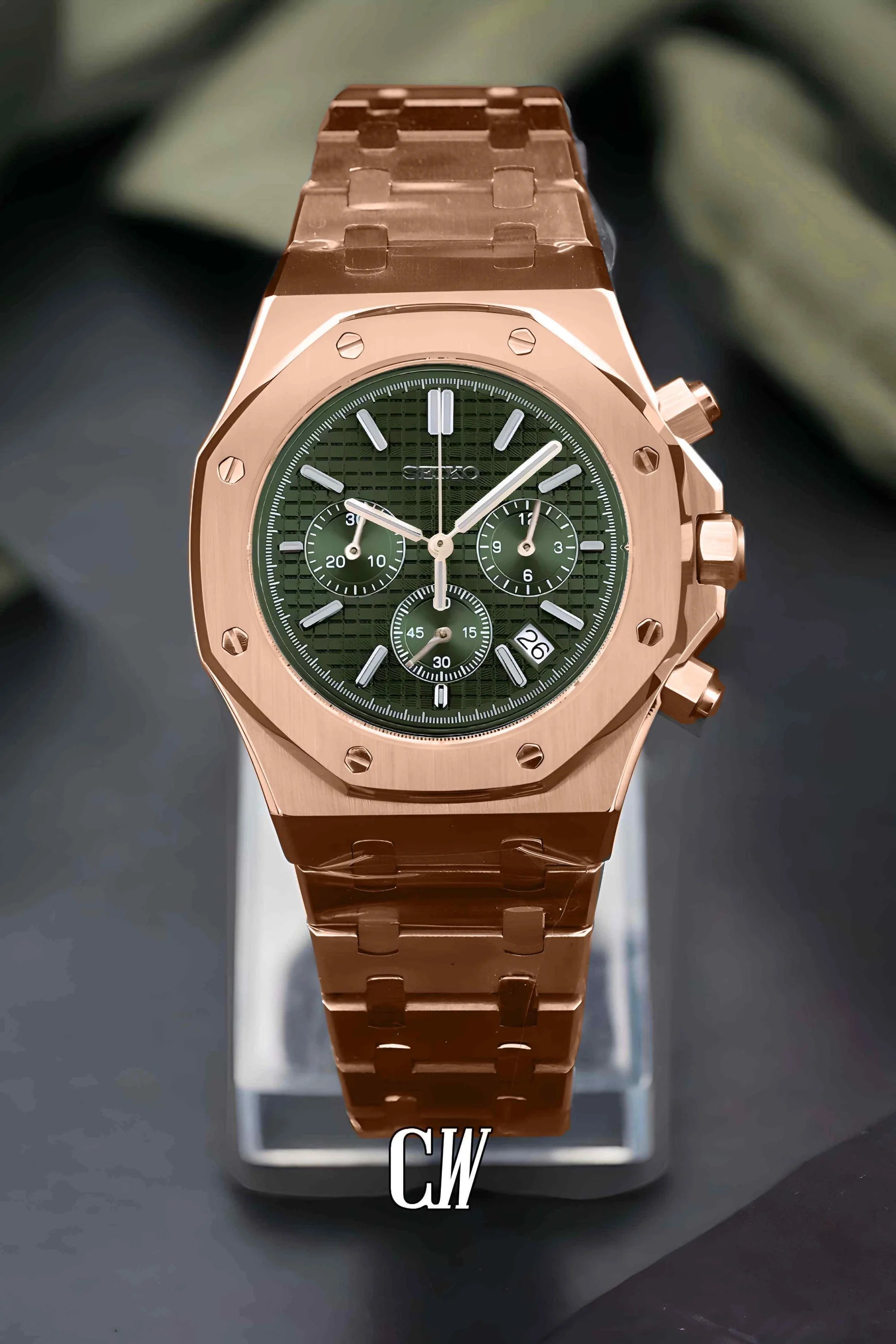 Mod Royal Seikoak chronograph rose gold olive green watch - Circa Watch Labs