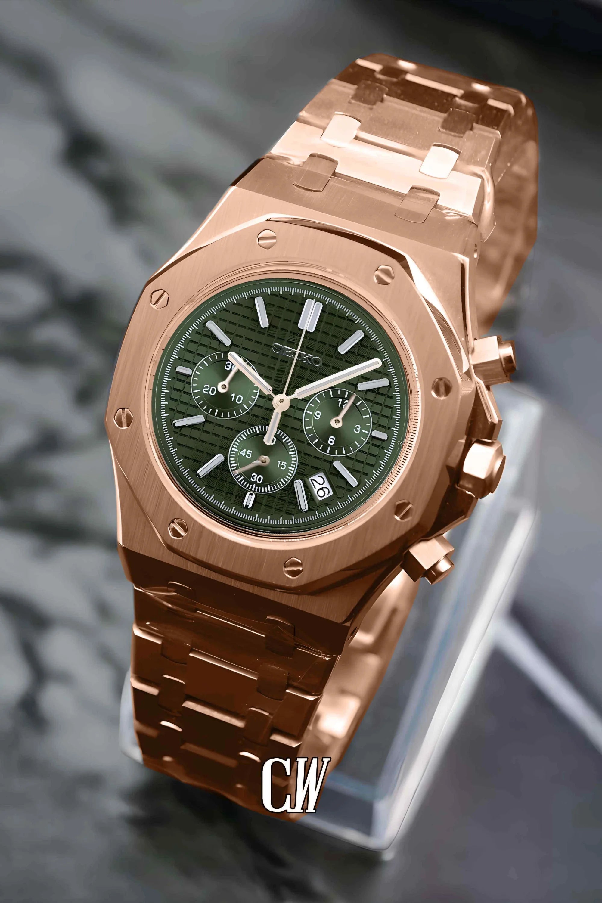 Mod Royal Seikoak chronograph rose gold olive green watch - Circa Watch Labs