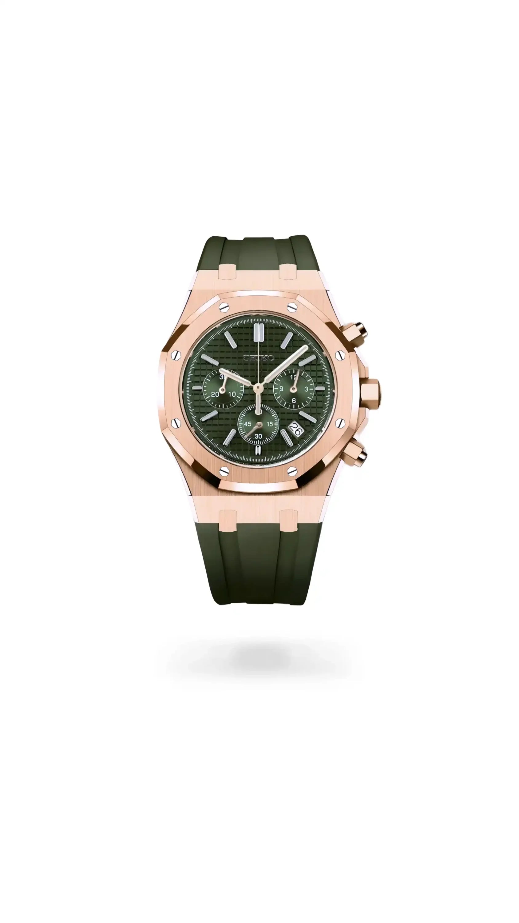 Mod Royal Seikoak chronograph rose gold olive green watch - Circa Watch Labs