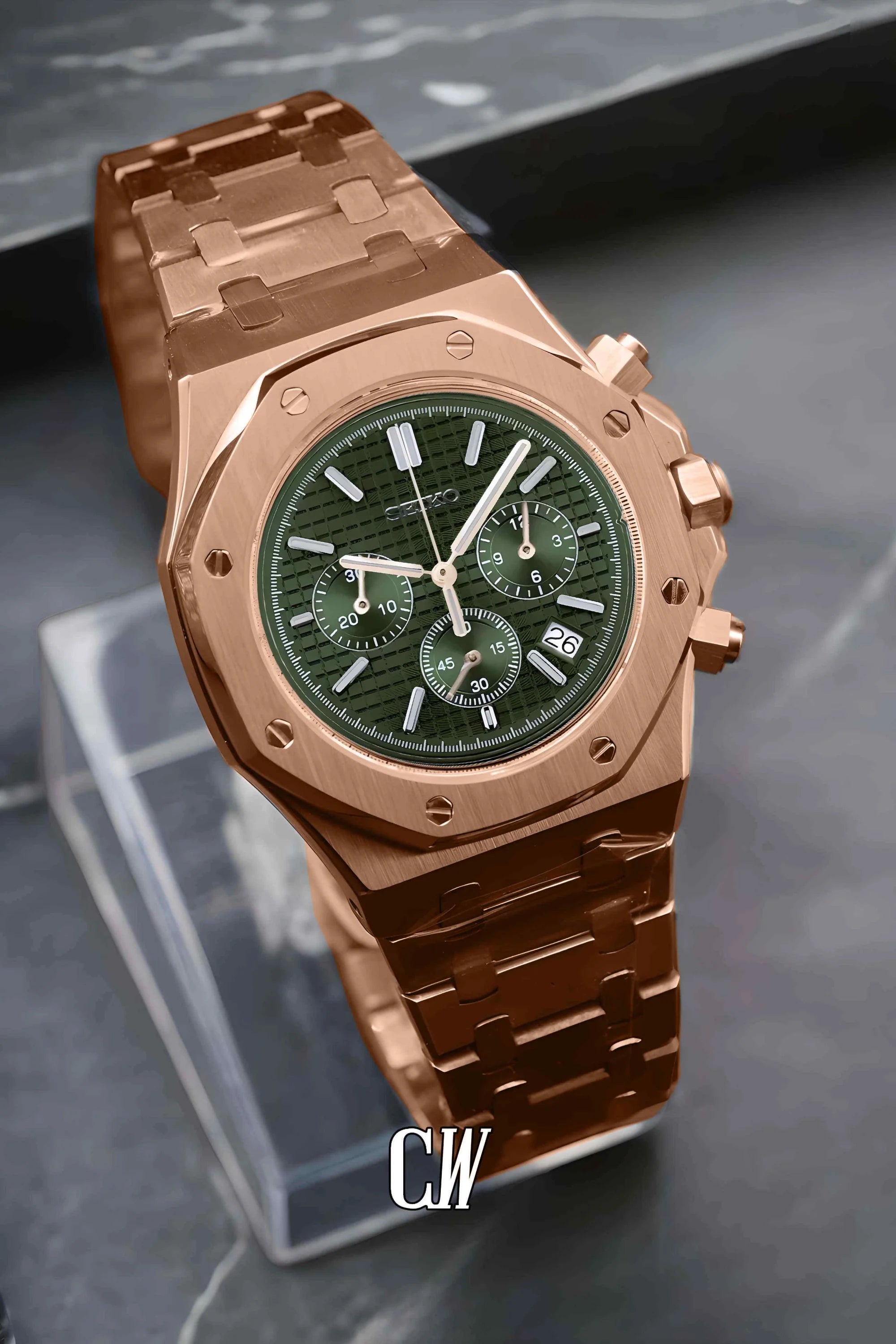 Mod Royal Seikoak chronograph rose gold olive green watch - Circa Watch Labs