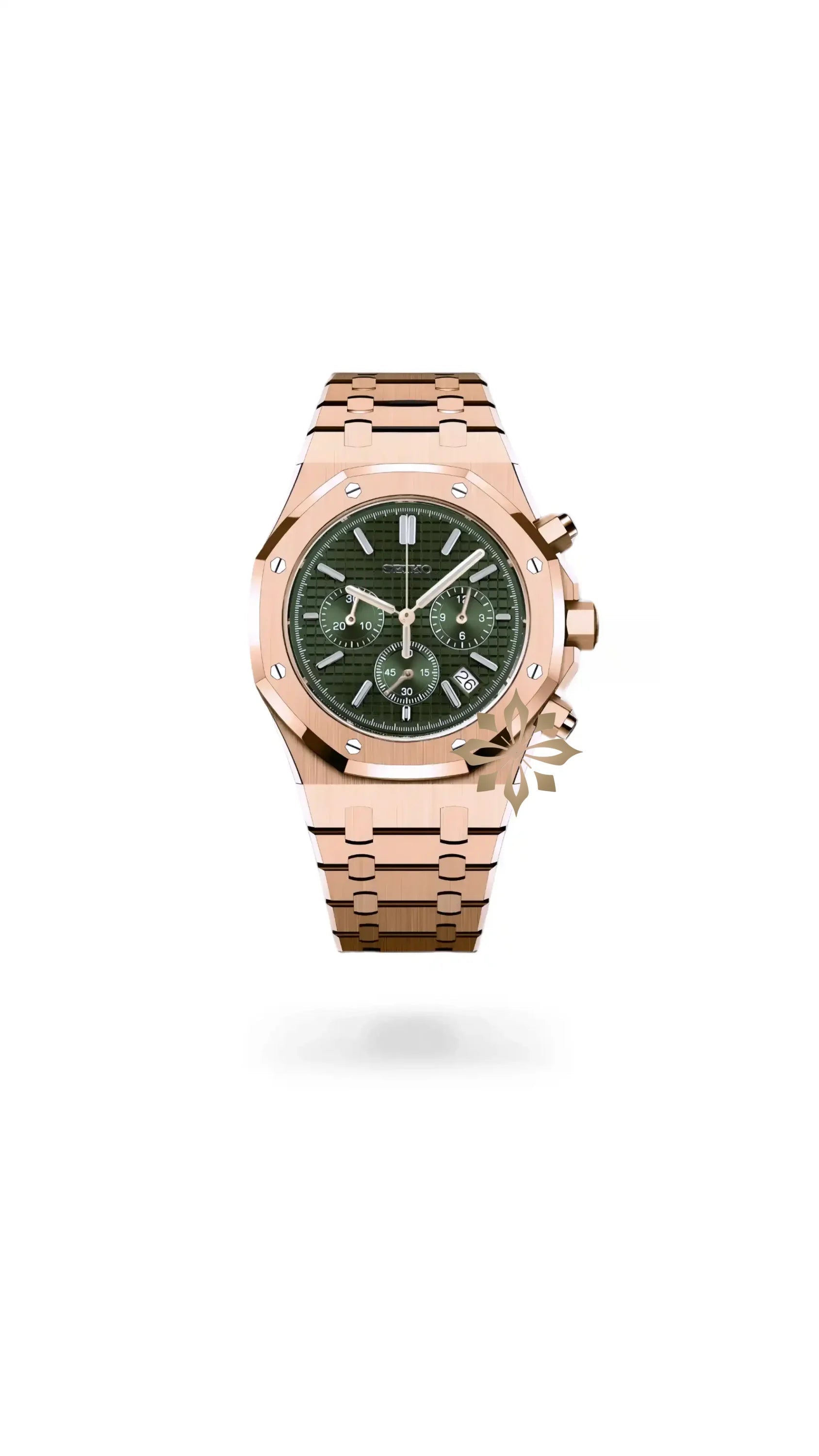 Mod Royal Seikoak chronograph rose gold olive green watch - Circa Watch Labs
