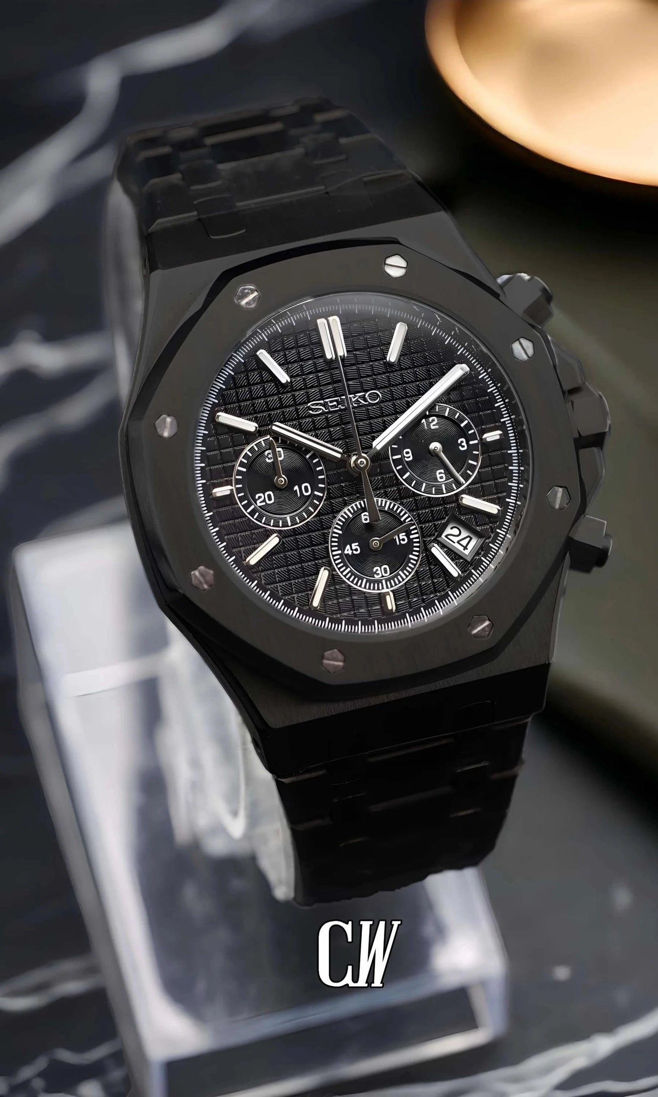 Mod Royal Seikoak chronograph triple black watch - Circa Watch Labs