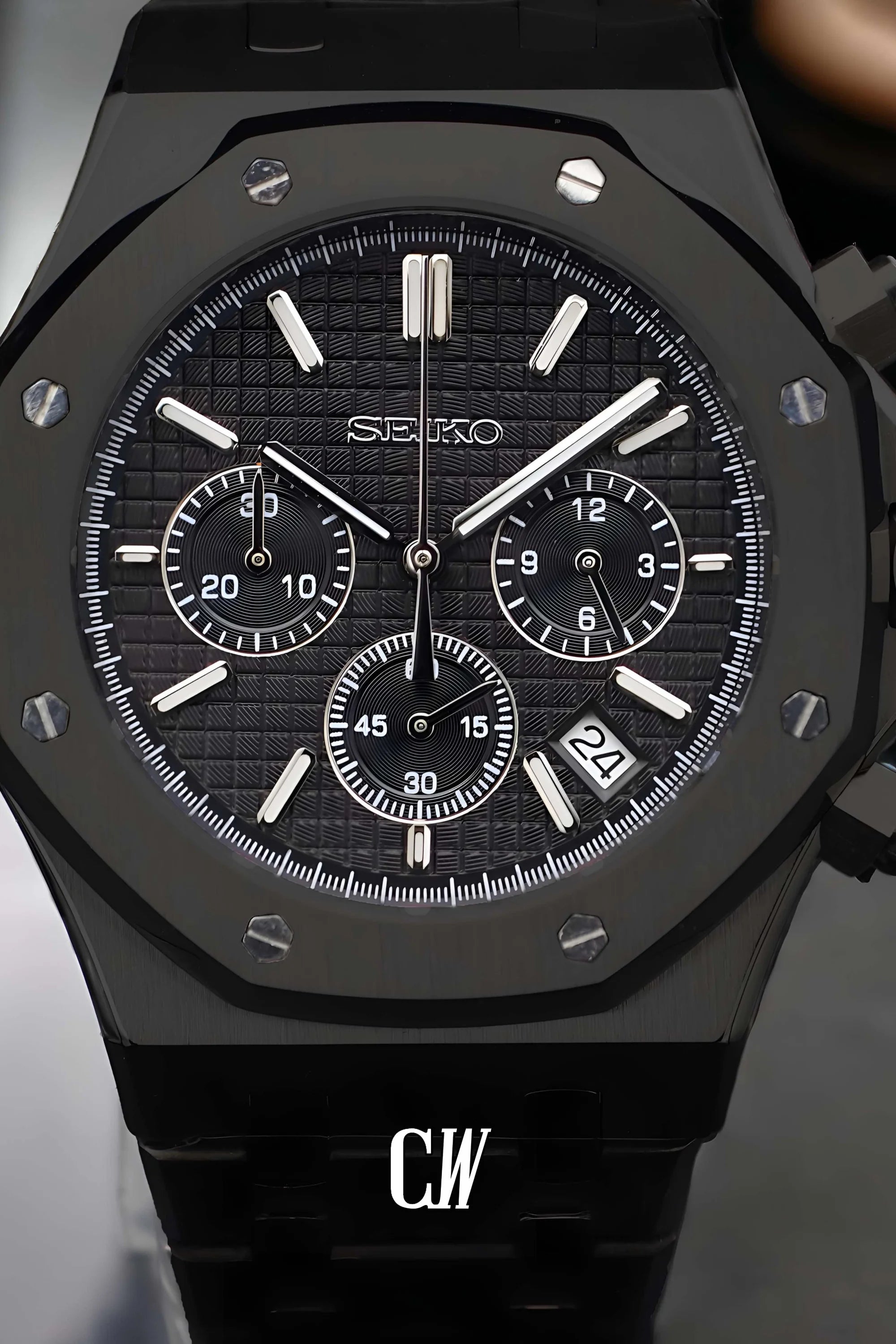 Mod Royal Seikoak chronograph triple black watch - Circa Watch Labs seiko mod