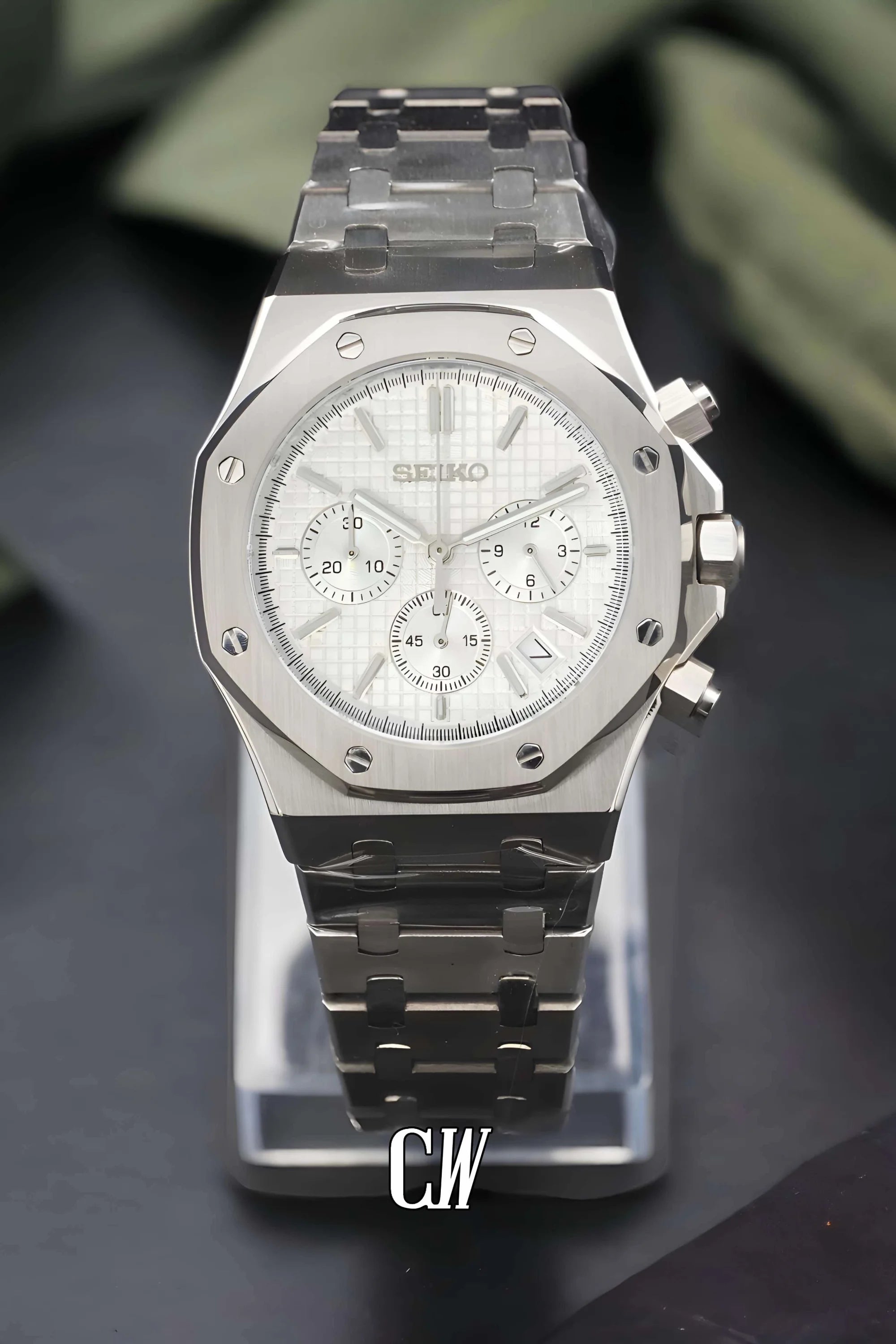 Mod Royal Seikoak chronograph triple white watch - Circa Watch Labs seiko mod