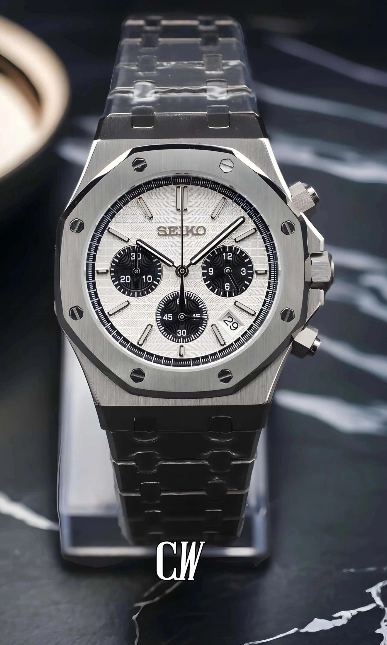 Mod Royal Seikoak chronograph white watch - Circa Watch Labs