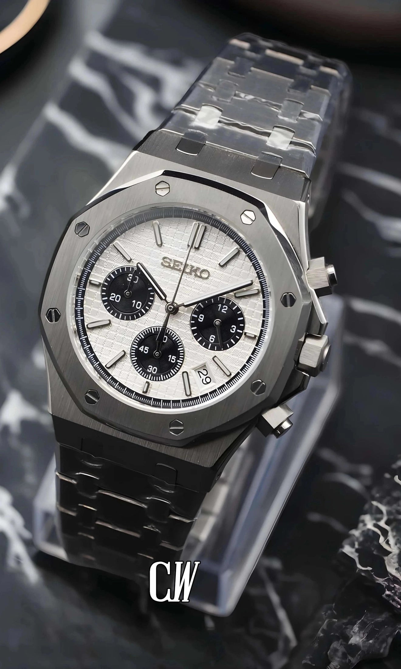 Mod Royal Seikoak chronograph white watch - Circa Watch Labs