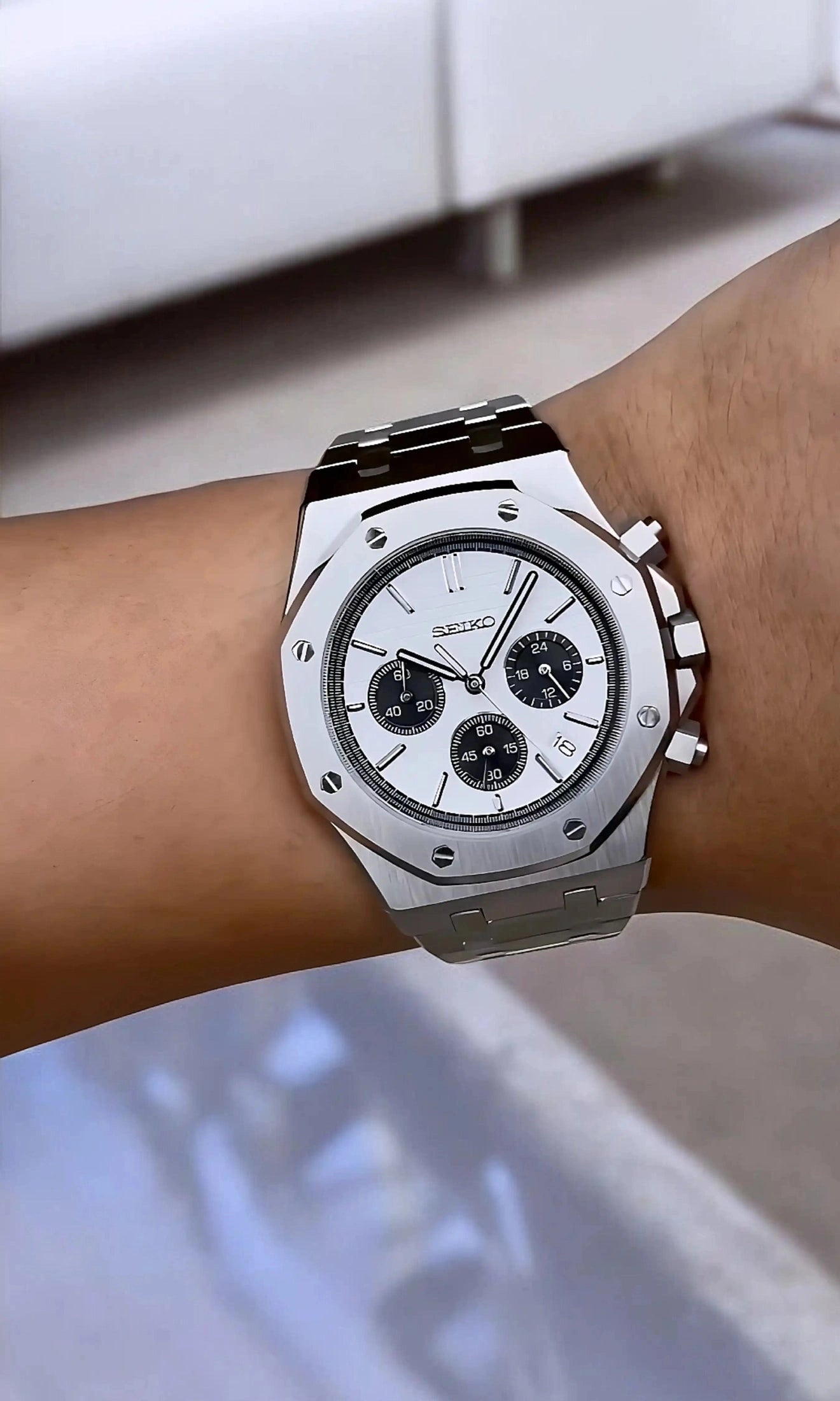 Mod Royal Seikoak chronograph white watch - Circa Watch Labs