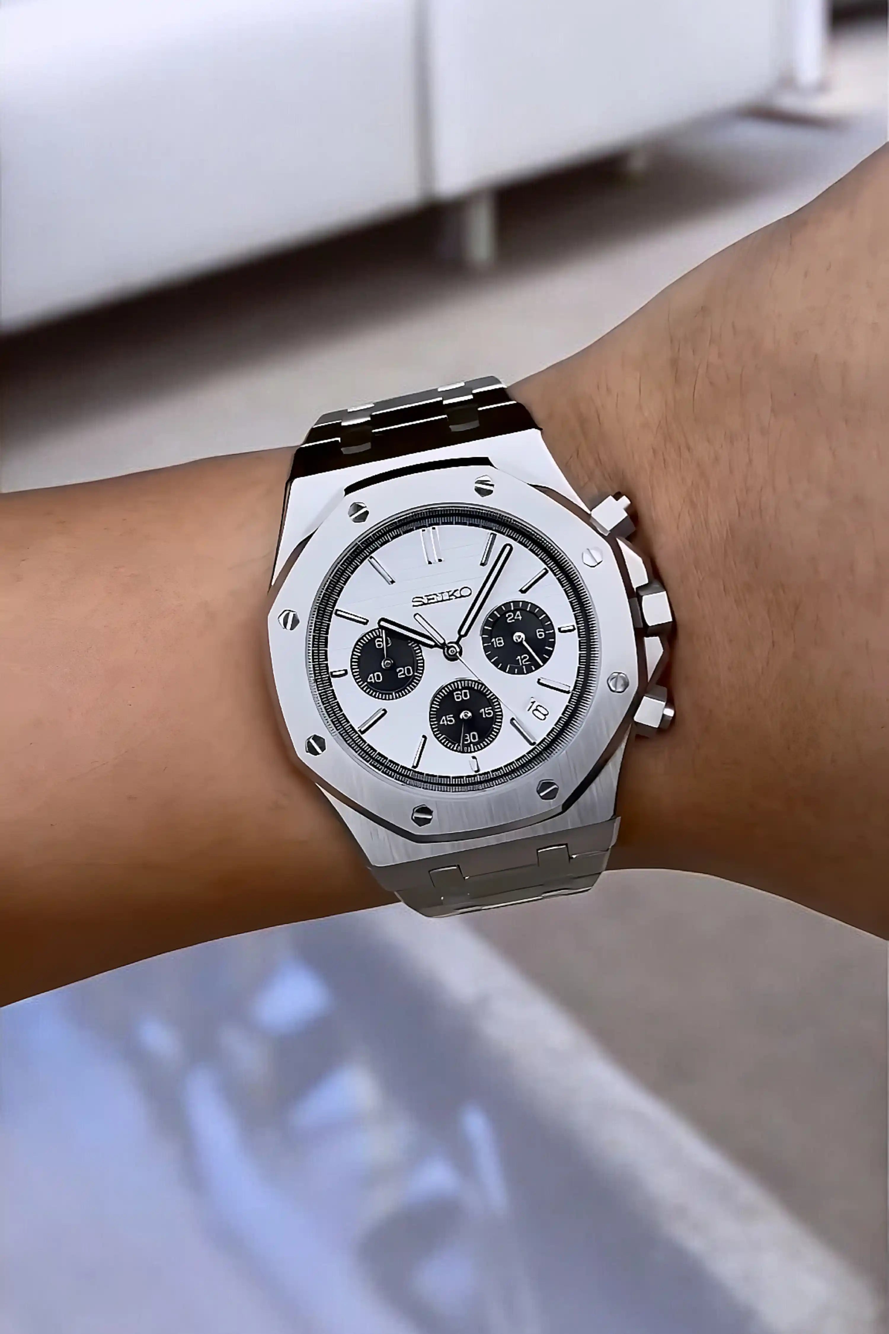 Mod Royal Seikoak chronograph white watch - Circa Watch Labs seiko mod