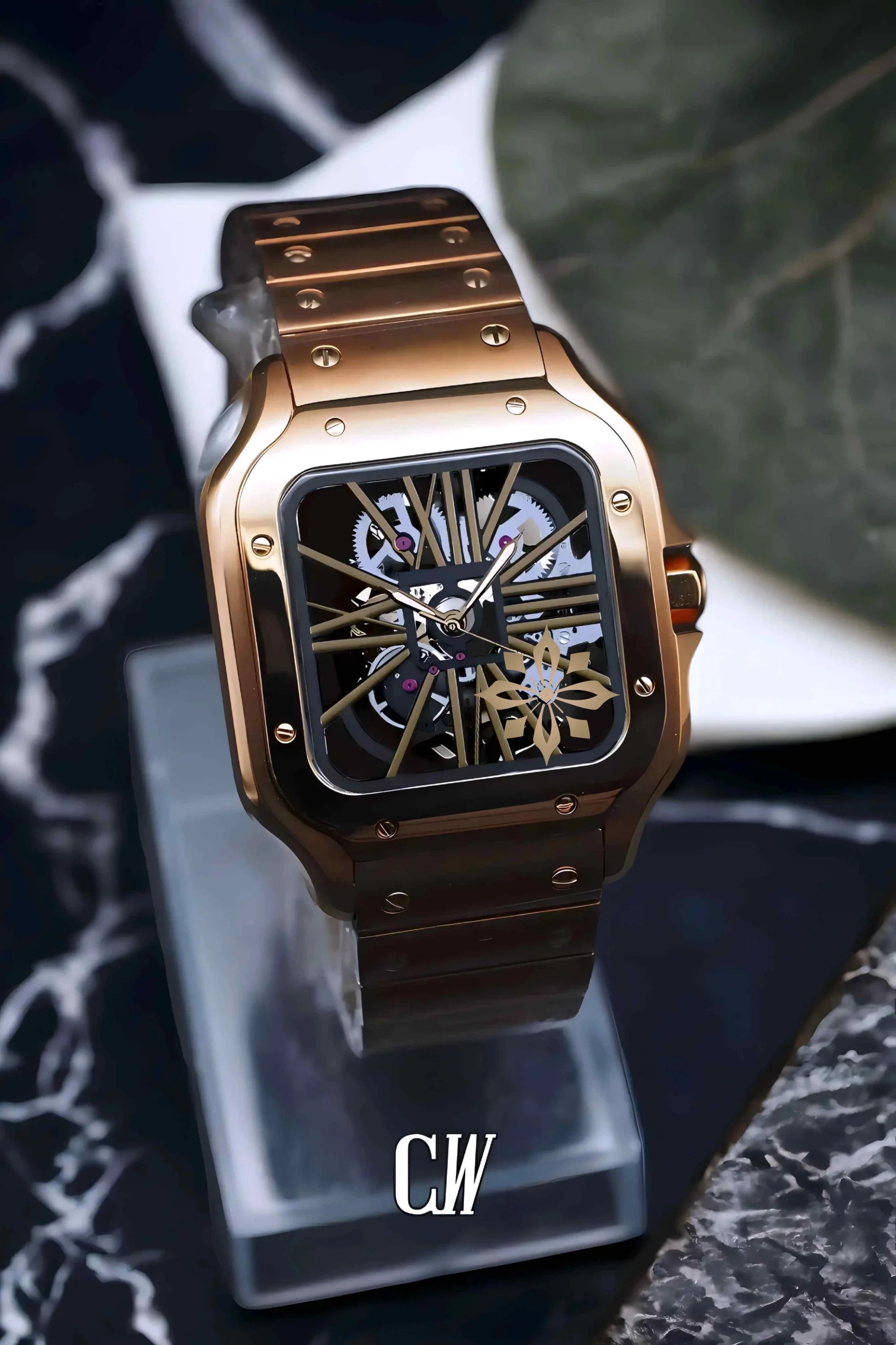Santeiko Mod Santos style skeleton watch rose gold - Circa Watch Labs