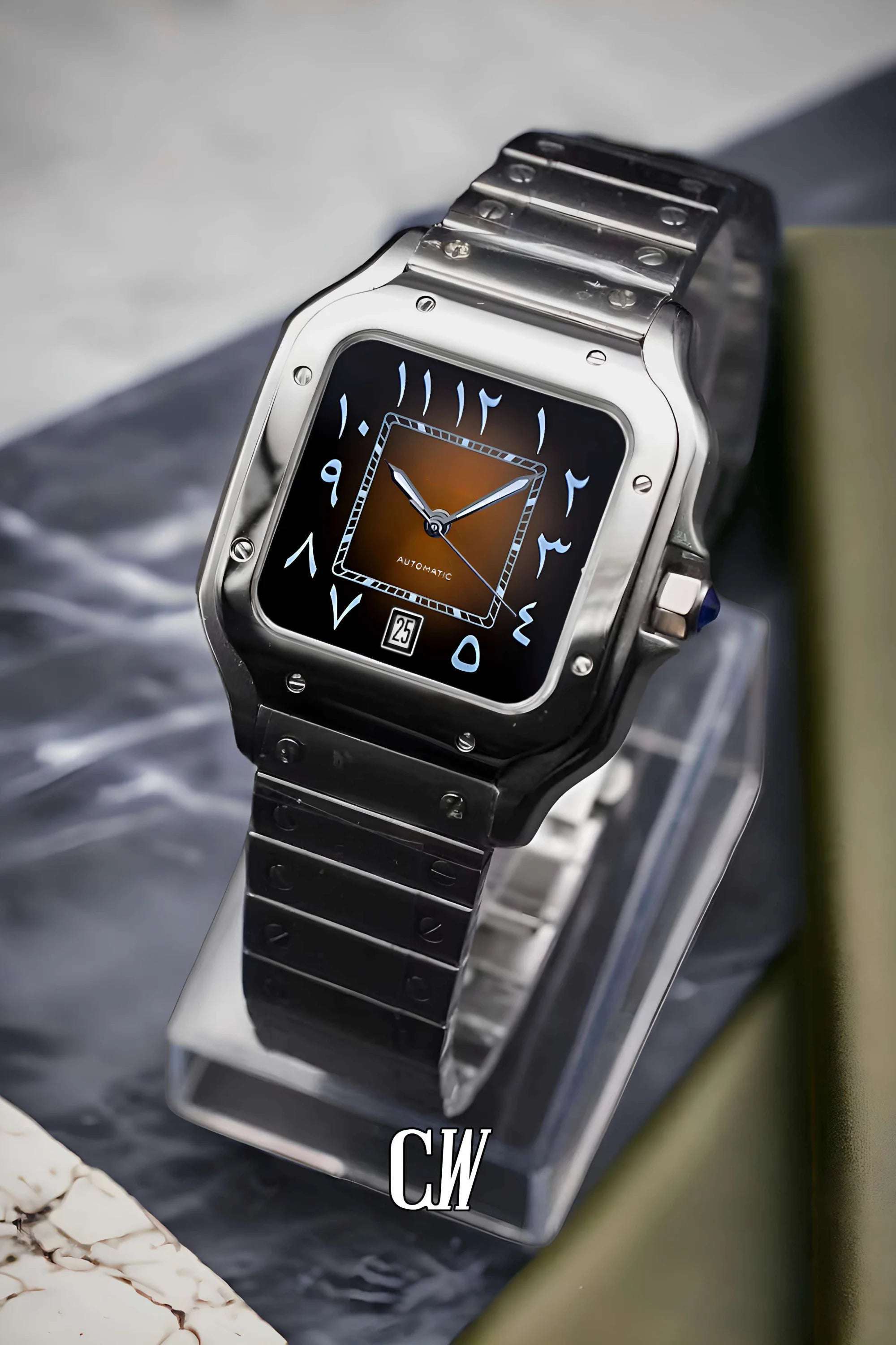 Santeiko Mod Santos style watch arabic brown - Circa Watch Labs seiko mod