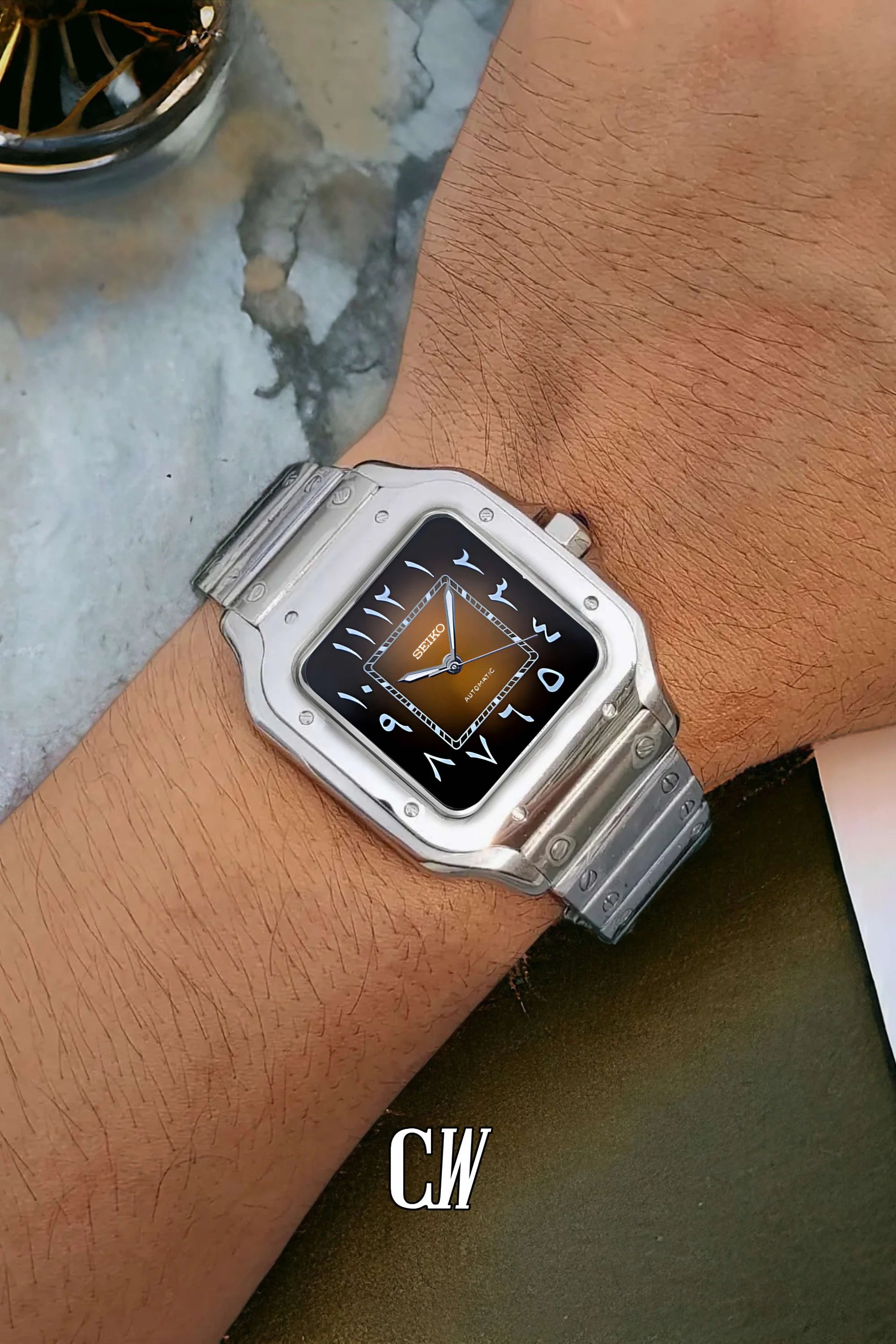 Santeiko Mod Santos style watch arabic brown - Circa Watch Labs