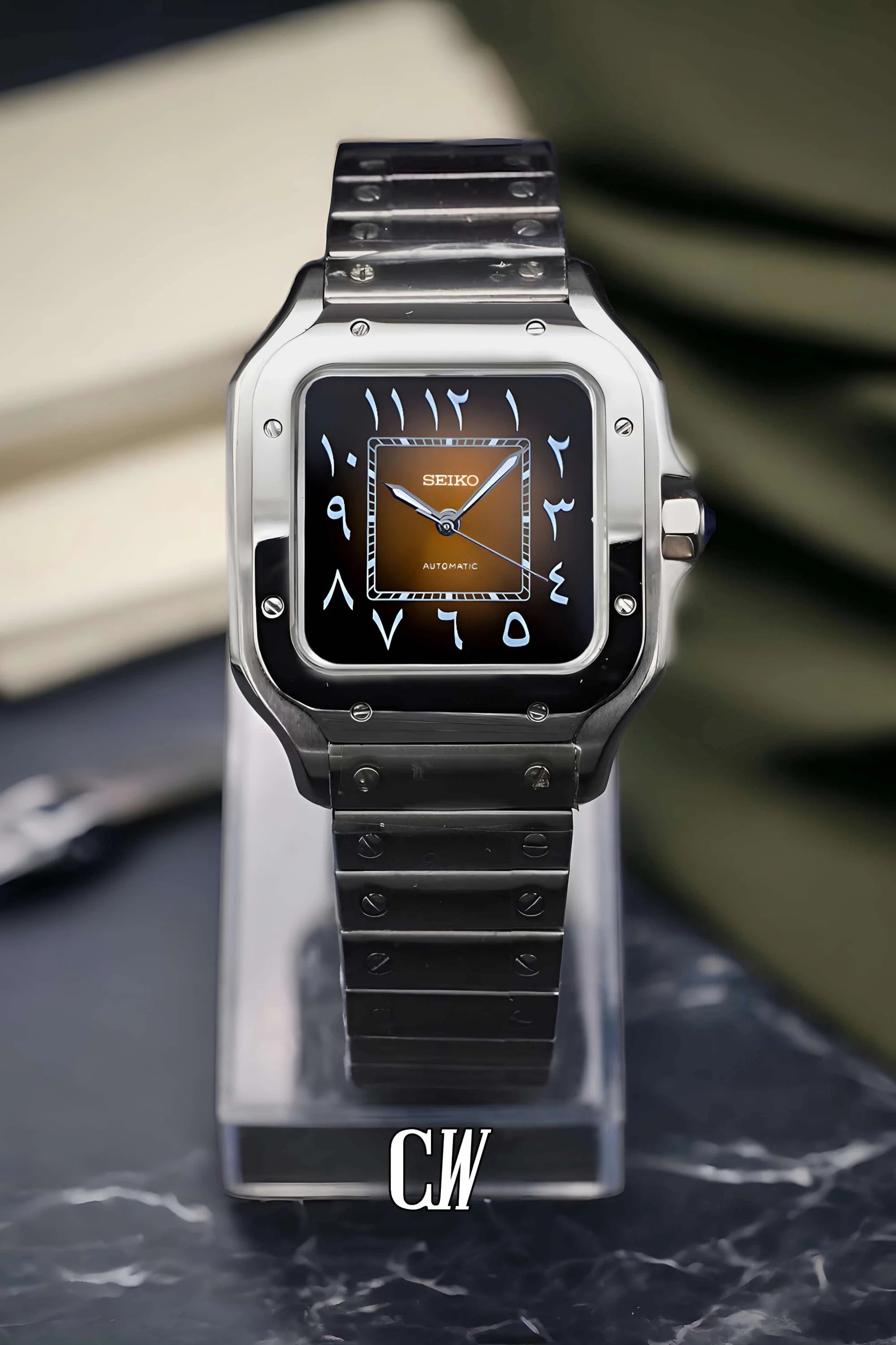 Santeiko Mod Santos style watch arabic brown - Circa Watch Labs
