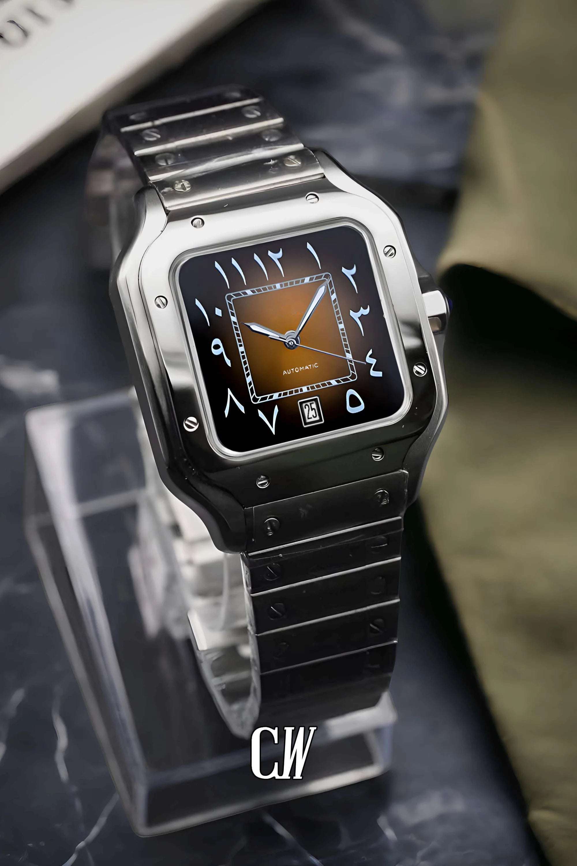 Santeiko Mod Santos style watch arabic brown - Circa Watch Labs seiko mod