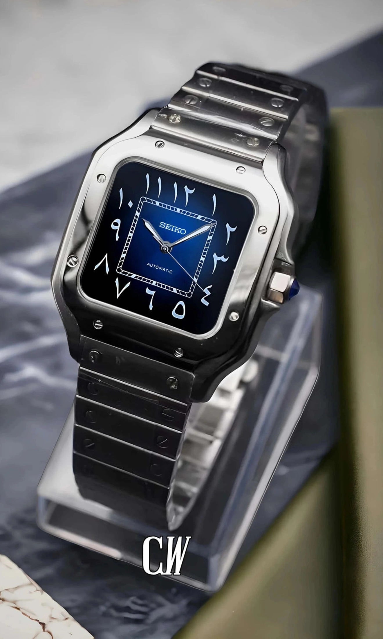 Santeiko Mod Santos style watch blue arabic - Circa Watch Labs