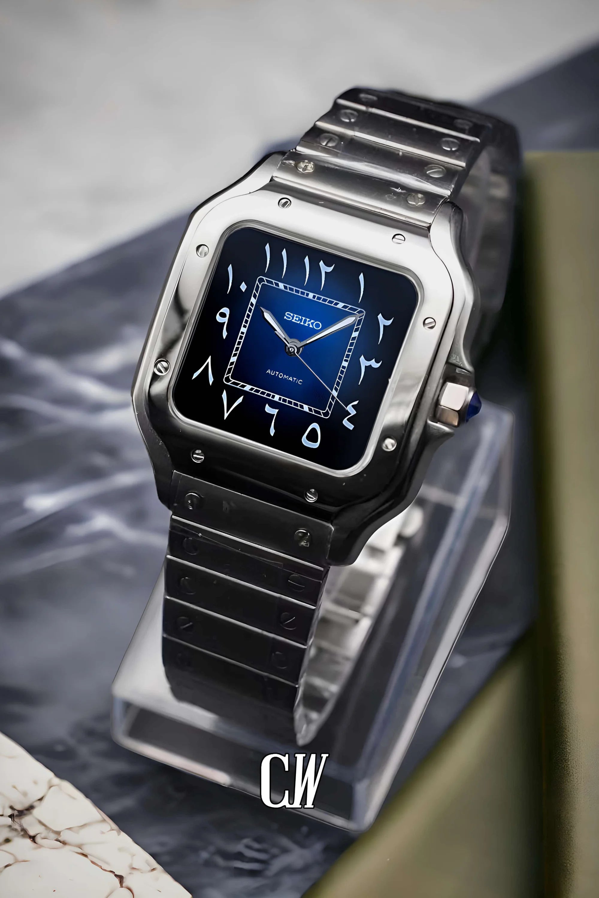 Santeiko Mod Santos style watch blue arabic - Circa Watch Labs