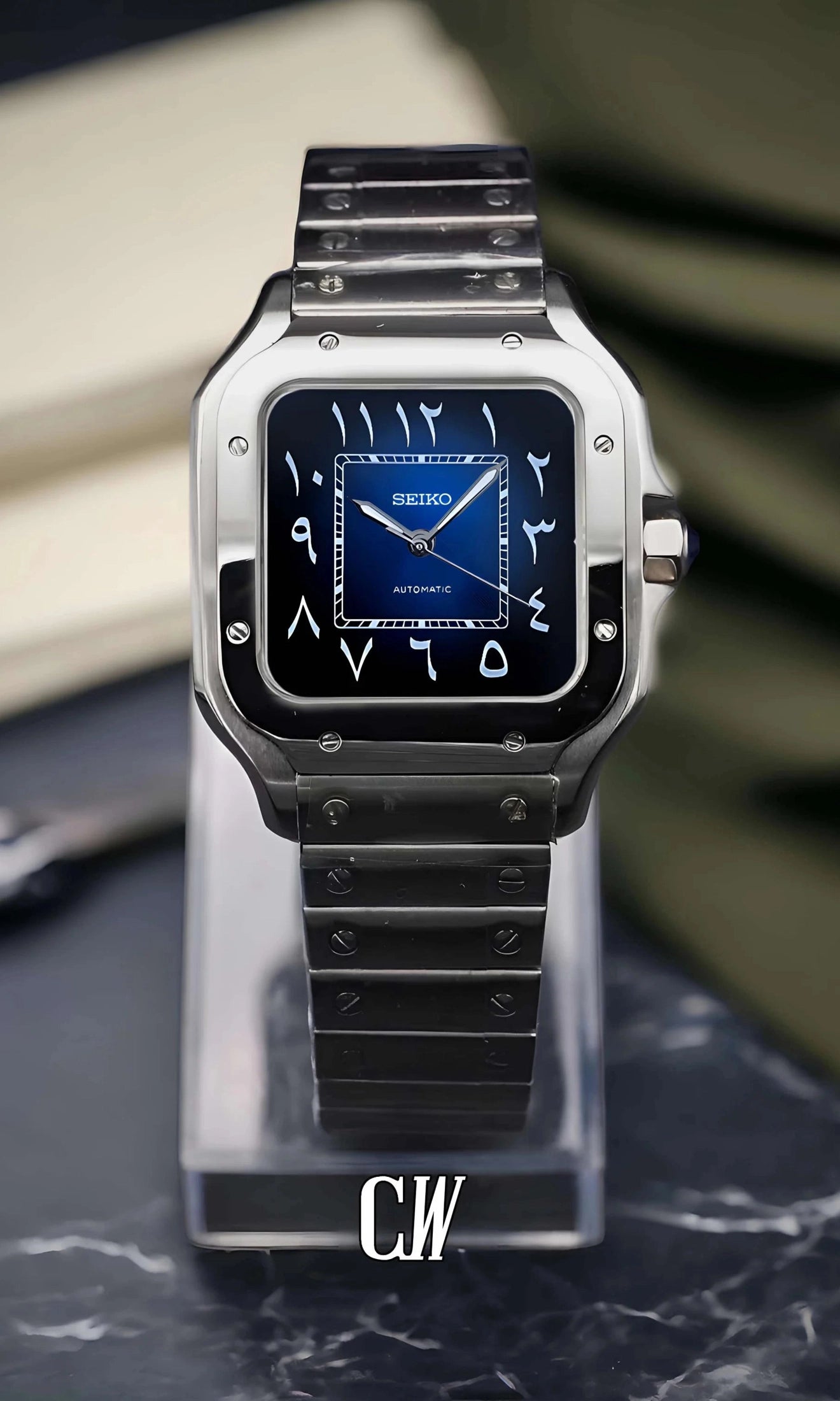 Santeiko Mod Santos style watch blue arabic - Circa Watch Labs