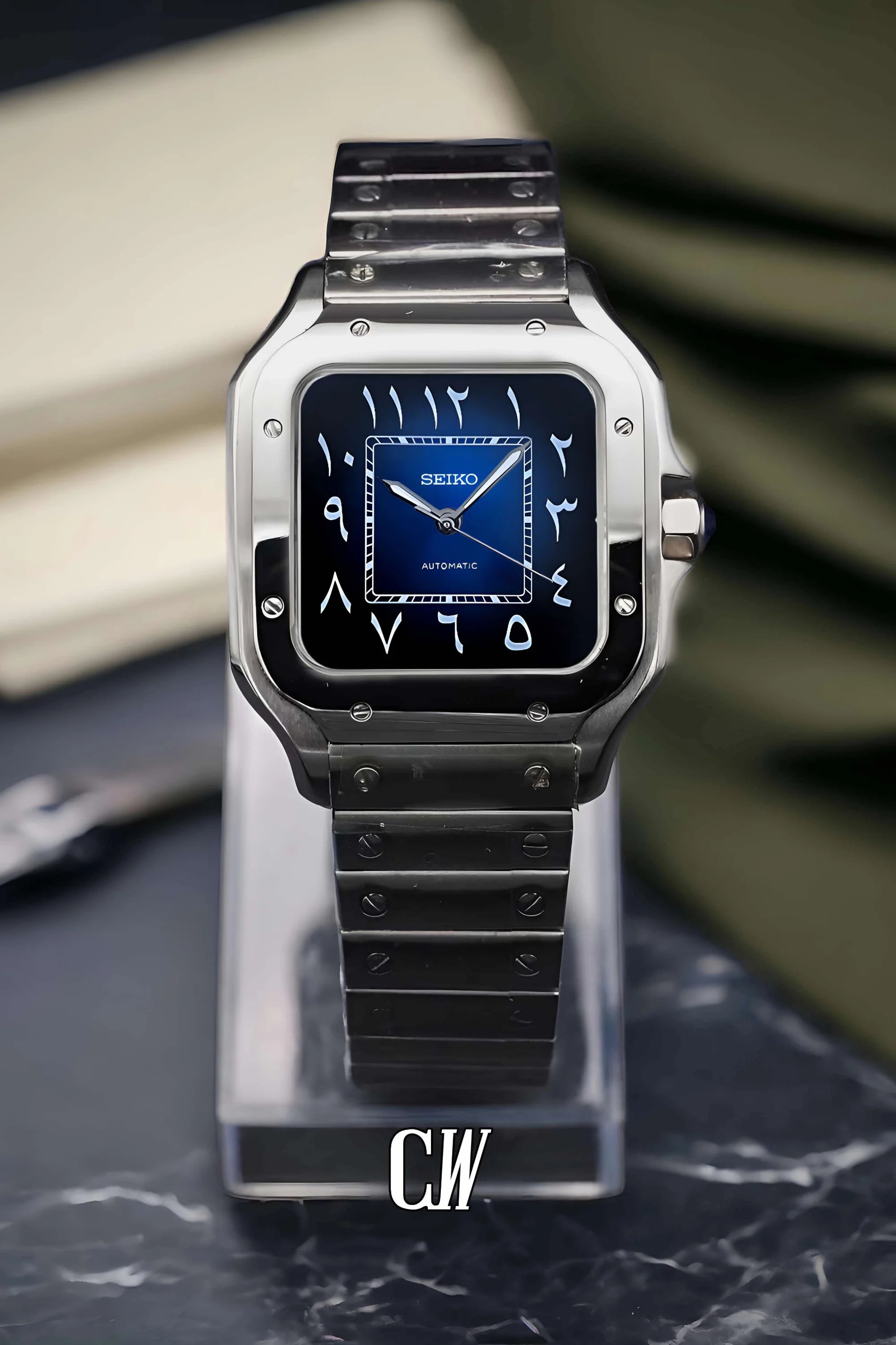 Santeiko Mod Santos style watch blue arabic - Circa Watch Labs