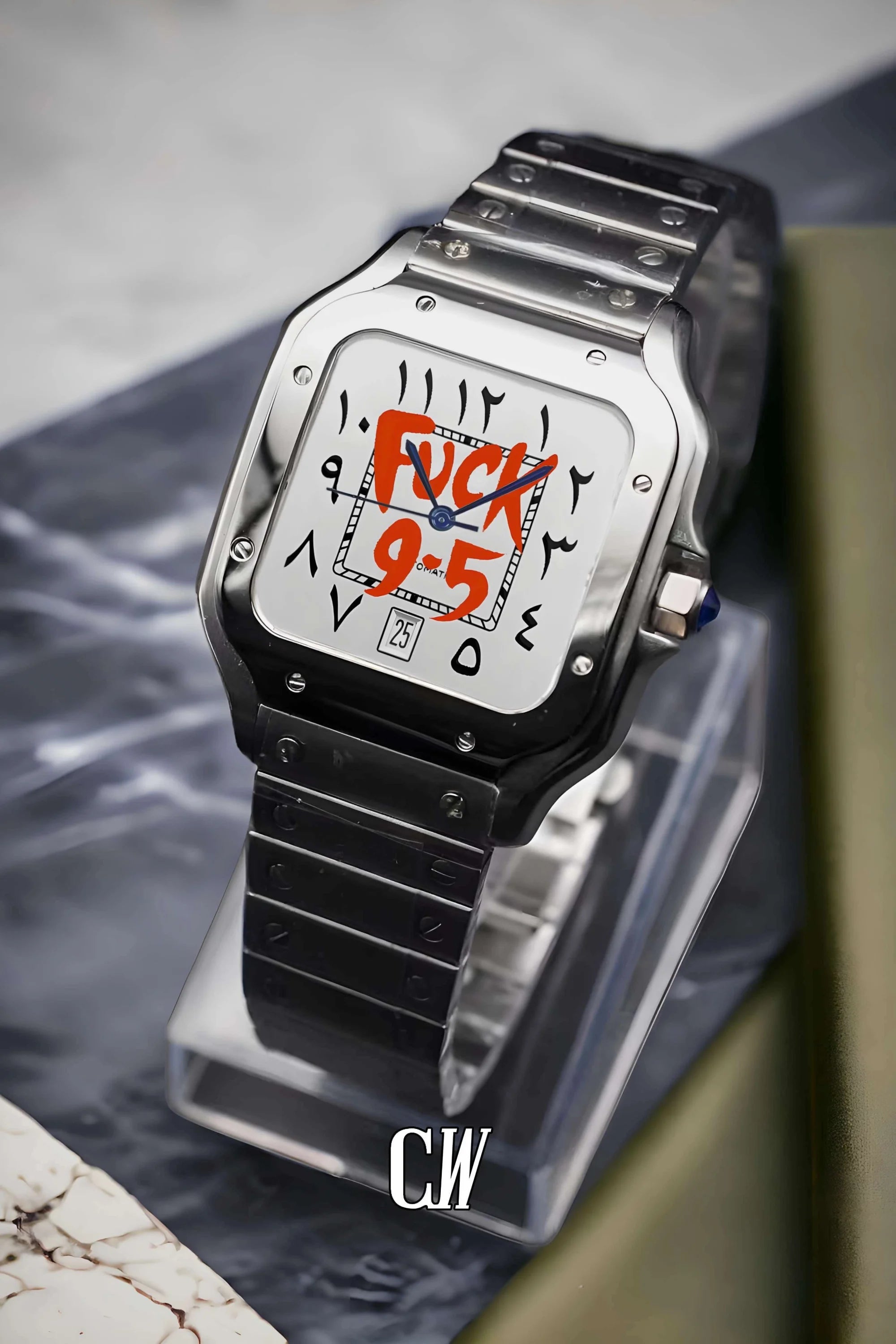 Santeiko Mod Santos style watch 'f*ck 9 - 5' arabic edition - Circa Watch Labs