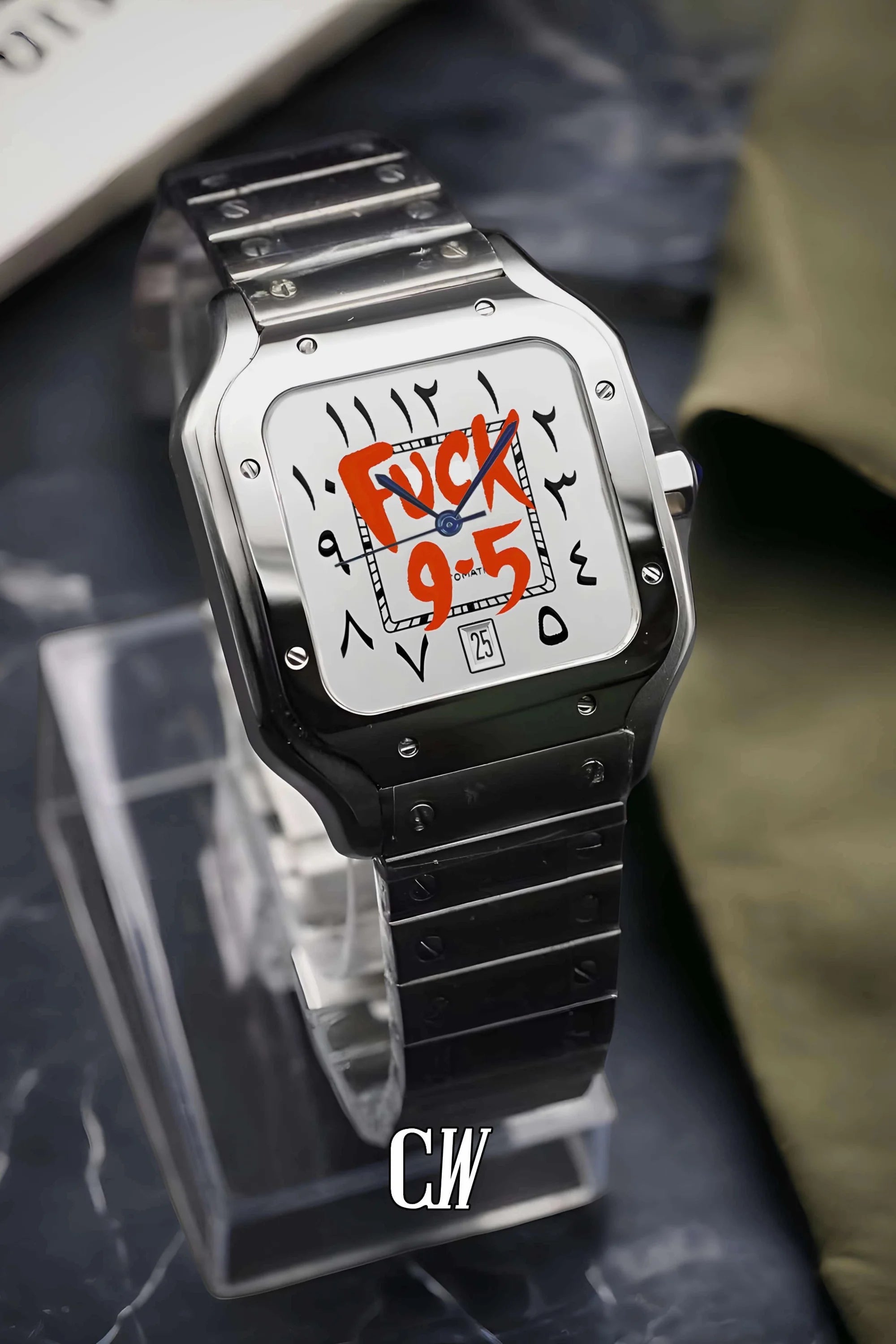 Santeiko Mod Santos style watch 'f*ck 9 - 5' arabic edition - Circa Watch Labs