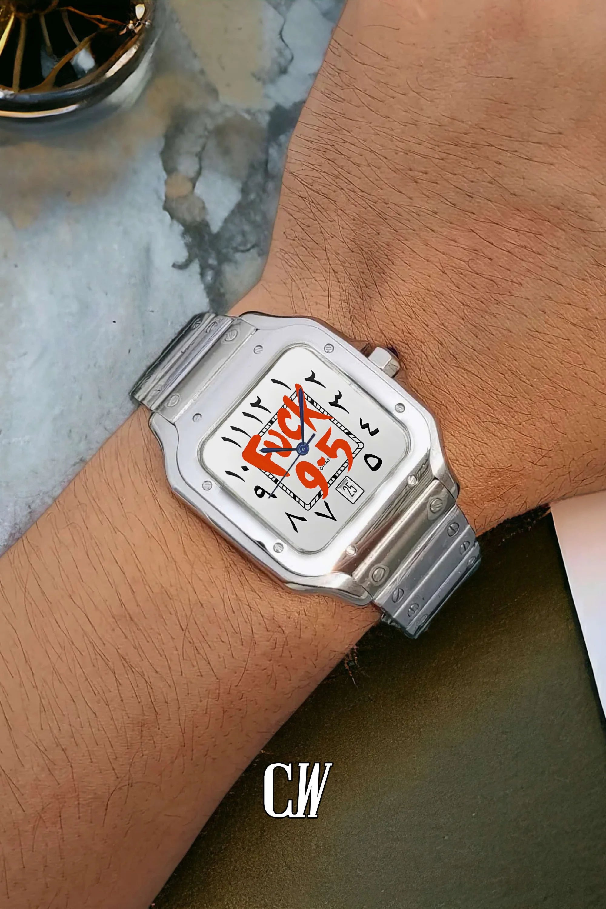 Santeiko Mod Santos style watch 'f*ck 9 - 5' arabic edition - Circa Watch Labs