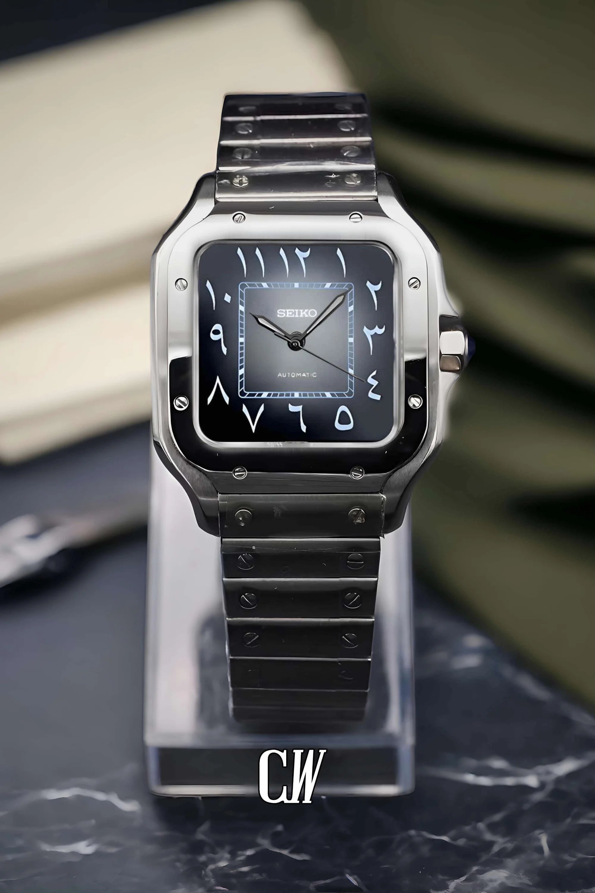 Santeiko Mod Santos style watch gray black arabic - Circa Watch Labs
