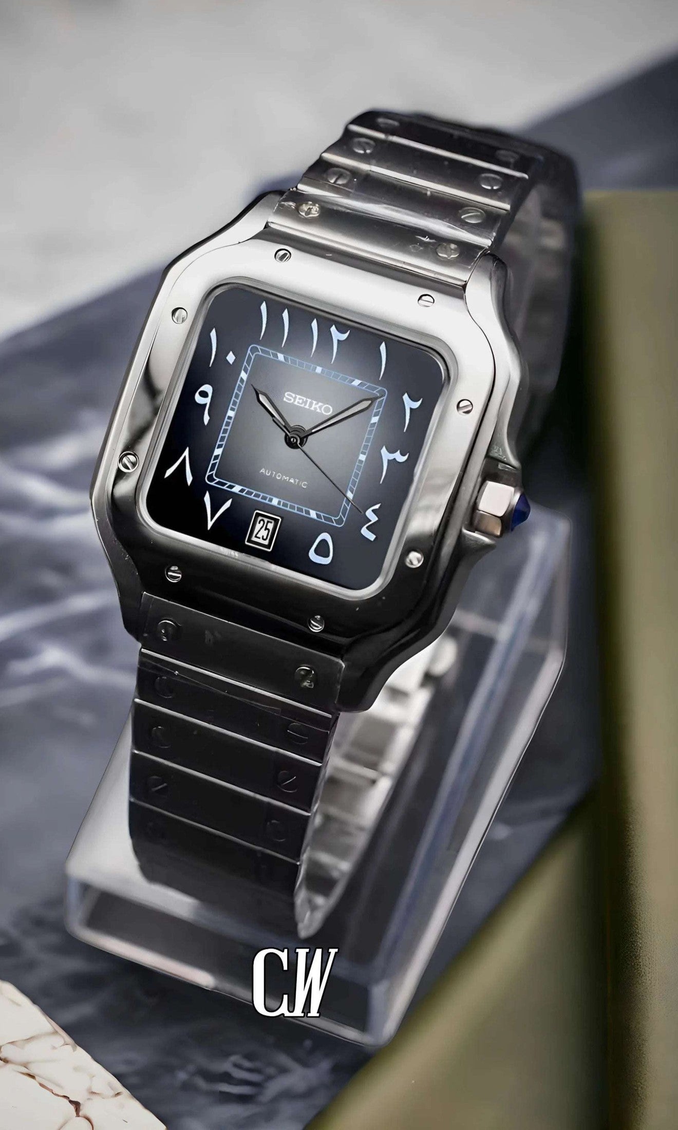 Santeiko Mod Santos style watch gray black arabic - Circa Watch Labs