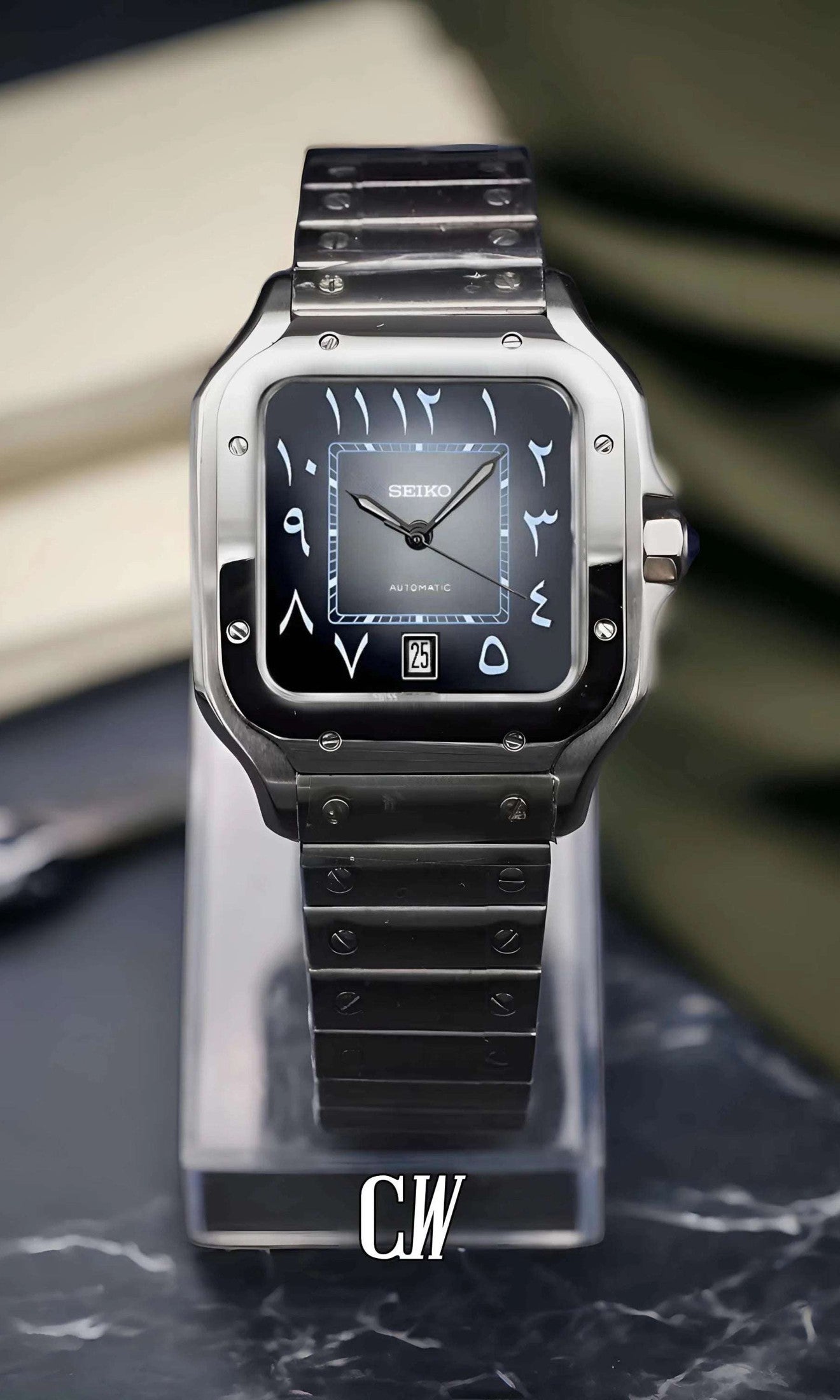 Santeiko Mod Santos style watch gray black arabic - Circa Watch Labs