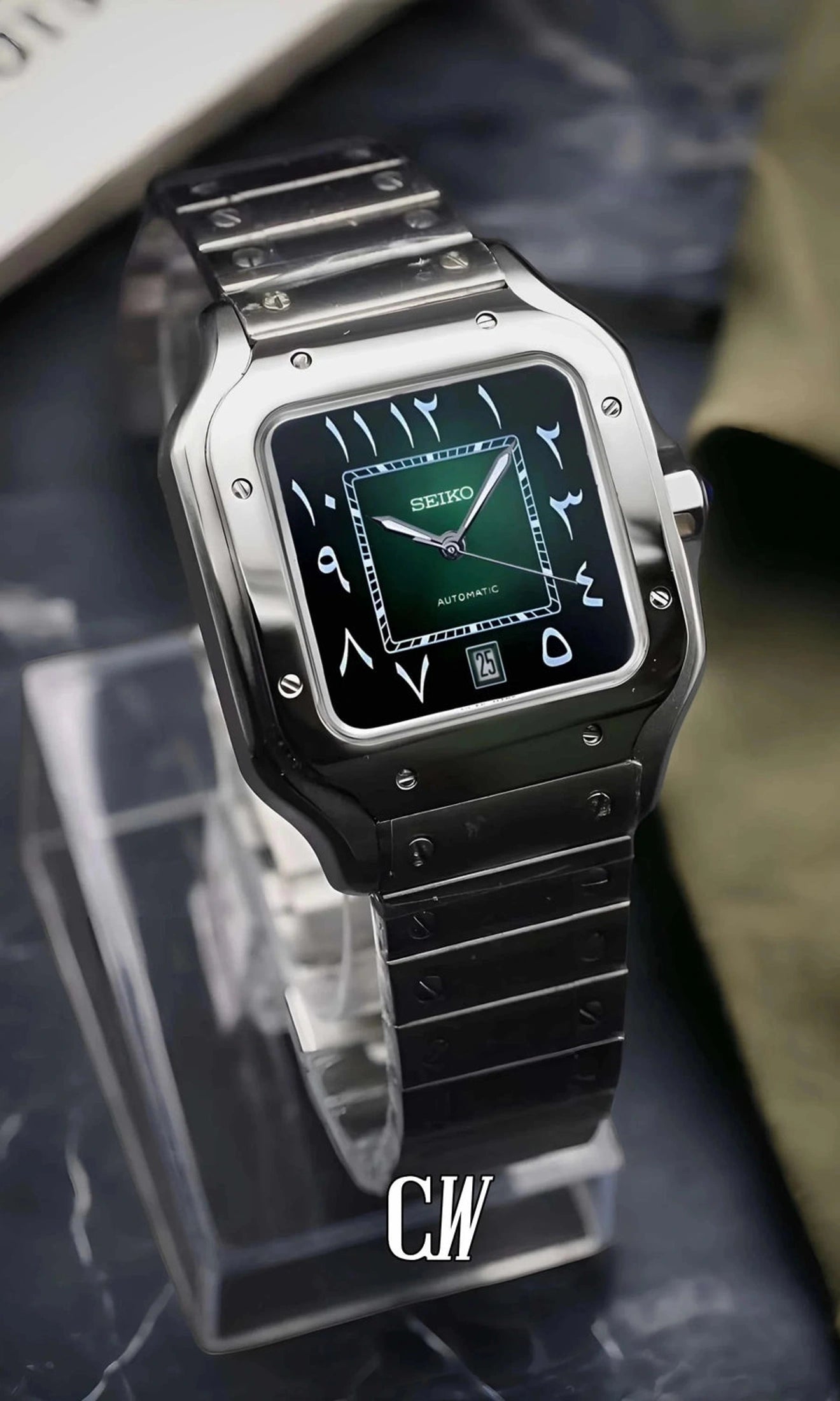 Santeiko Mod Santos style watch green arabic - Circa Watch Labs