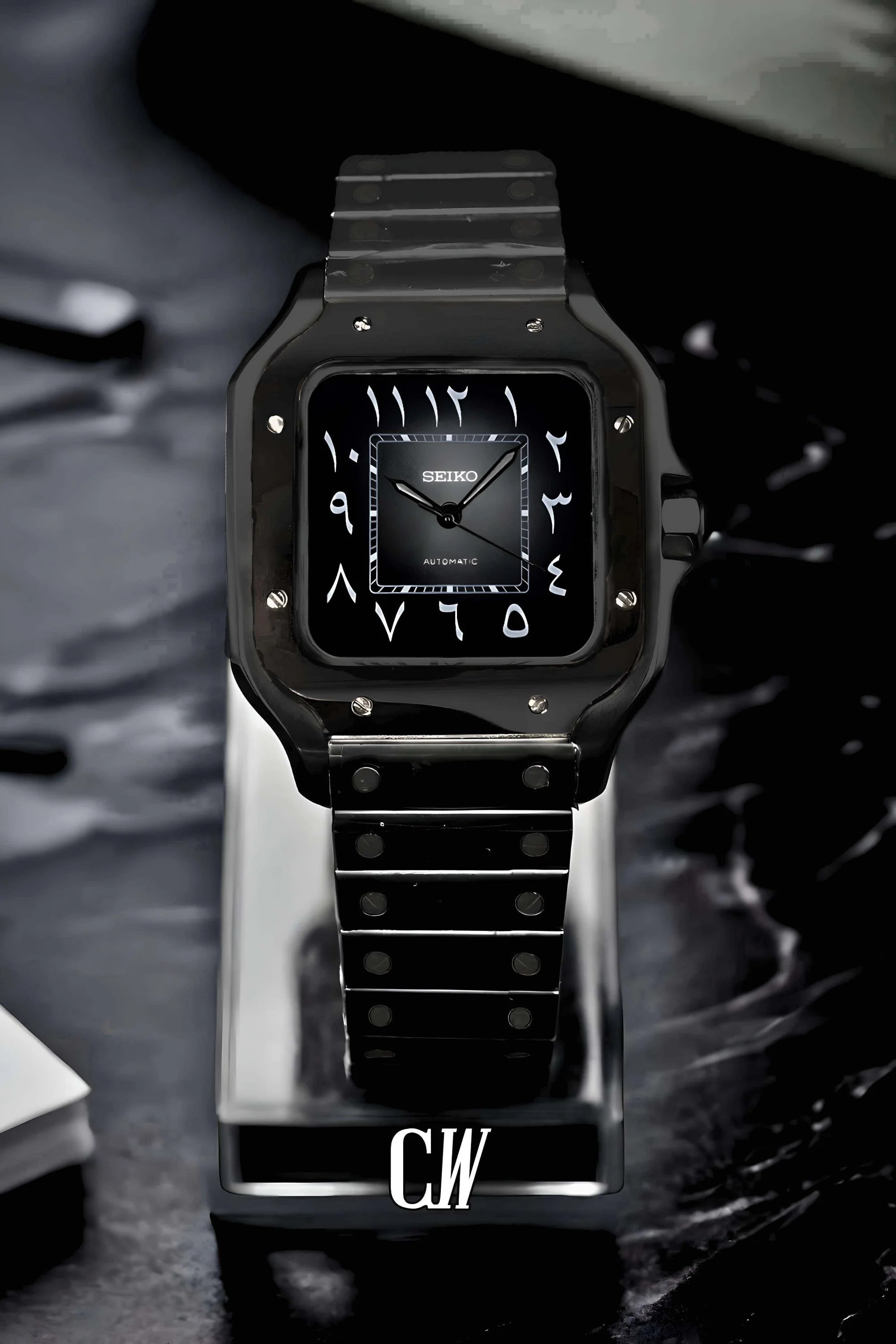 Santeiko Mod Santos style watch triple black arabic - Circa Watch Labs