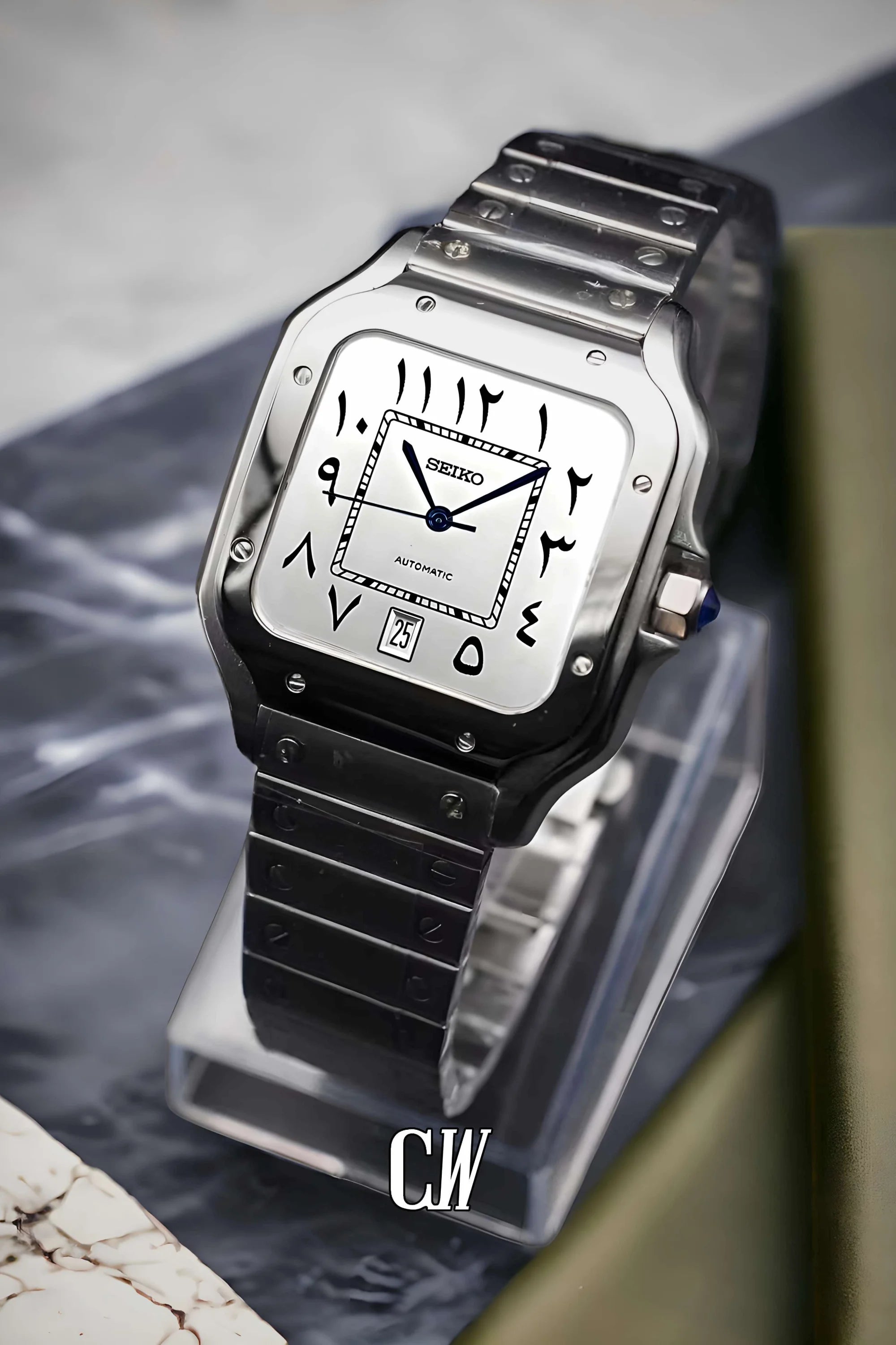 Santeiko Mod Santos style watch white arabic - Circa Watch Labs