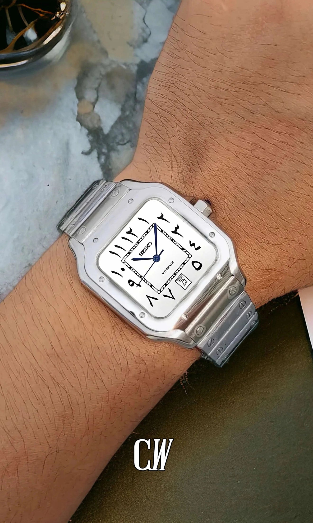 Santeiko Mod Santos style watch white arabic - Circa Watch Labs