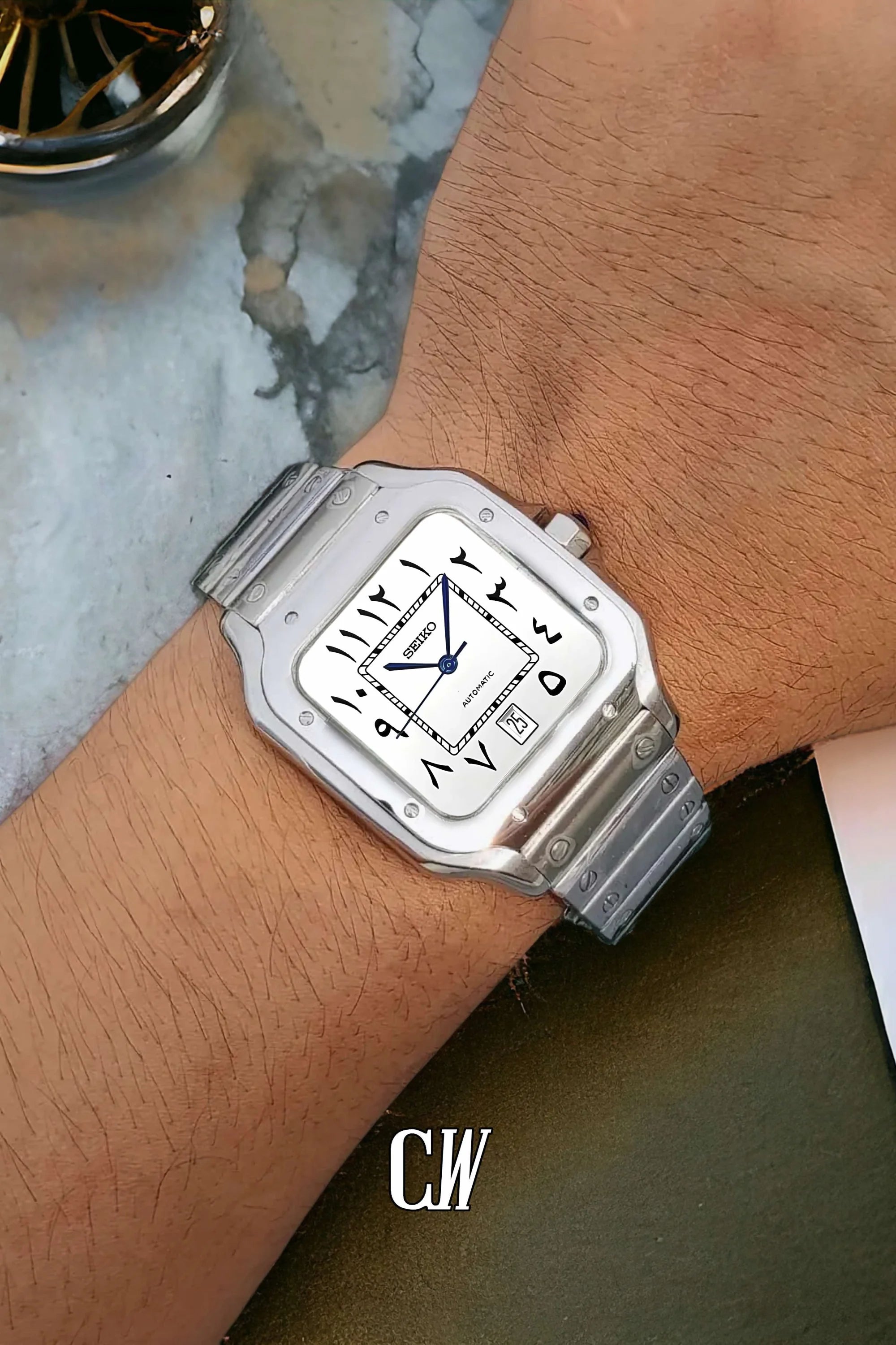 Santeiko Mod Santos style watch white arabic - Circa Watch Labs