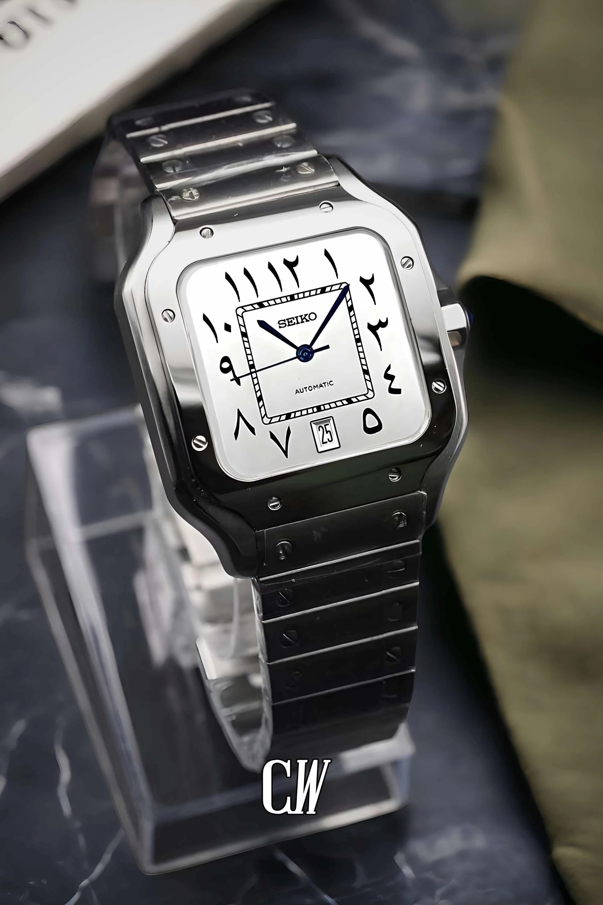 Santeiko Mod Santos style watch white arabic - Circa Watch Labs