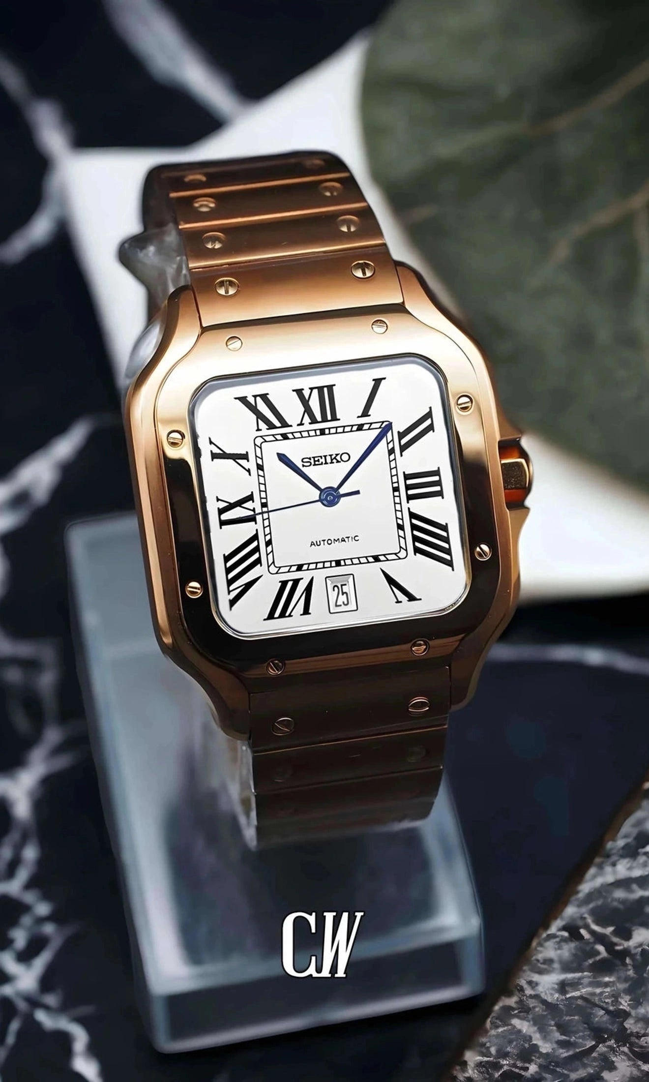 Santeiko Mod Santos style watch white rose gold - Circa Watch Labs