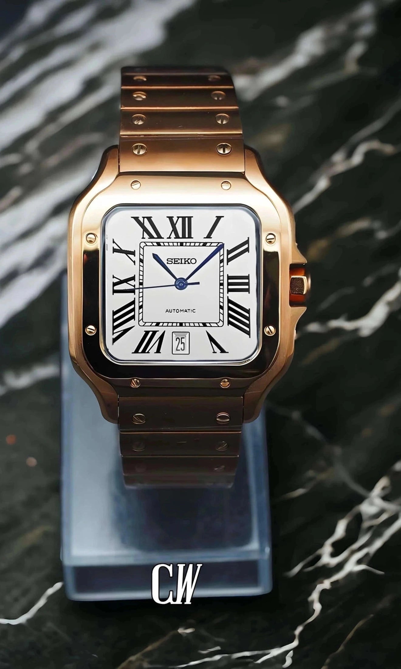 Santeiko Mod Santos style watch white rose gold - Circa Watch Labs