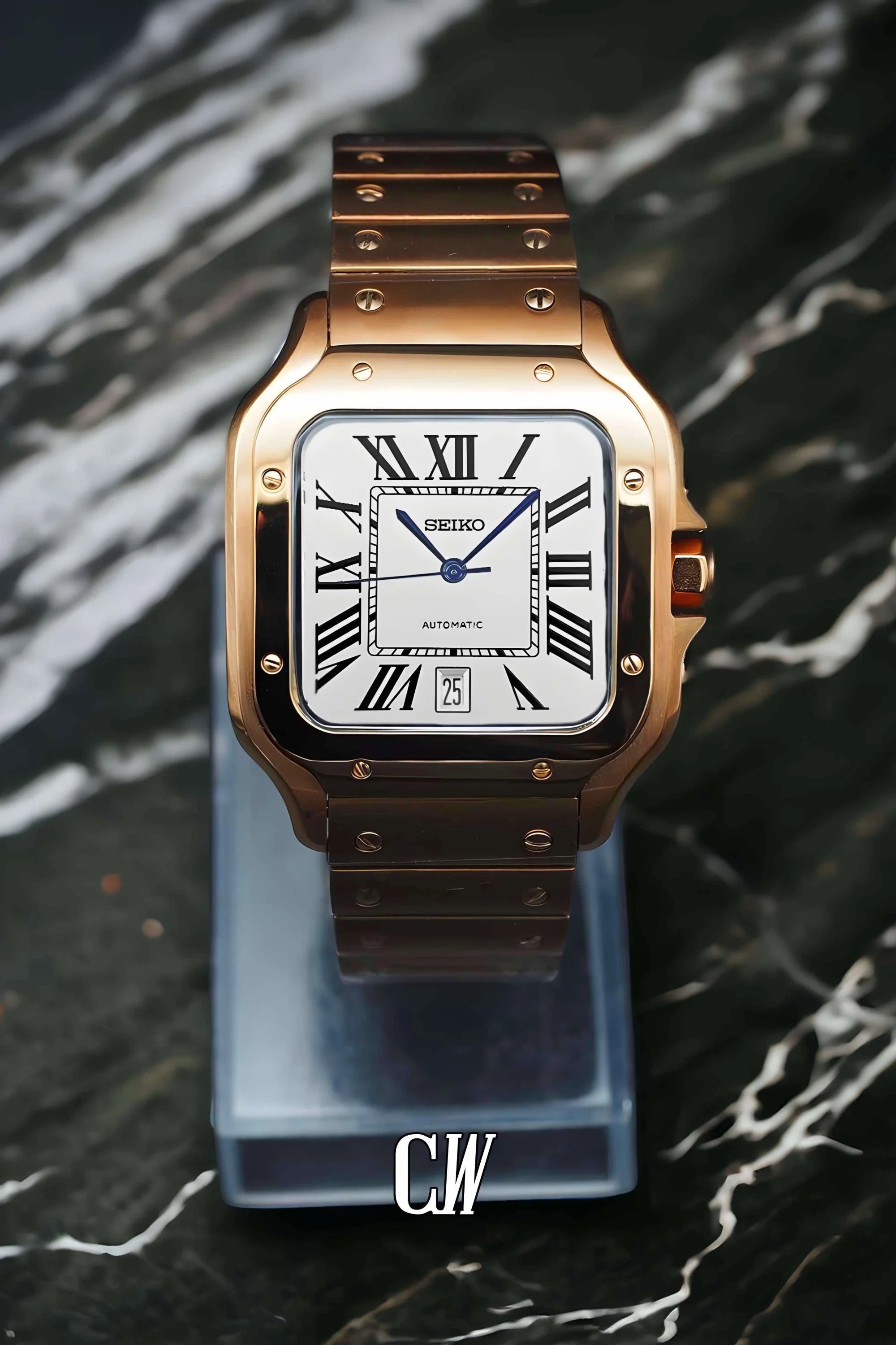 Santeiko Mod Santos style watch white rose gold - Circa Watch Labs
