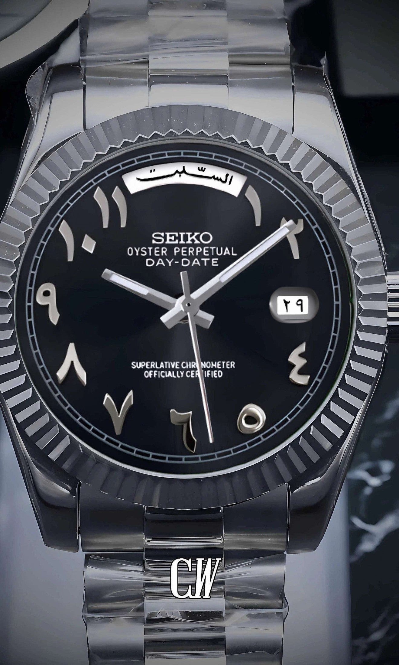 Seikojust mod daydate black arabic automatic watch - Circa Watch Labs