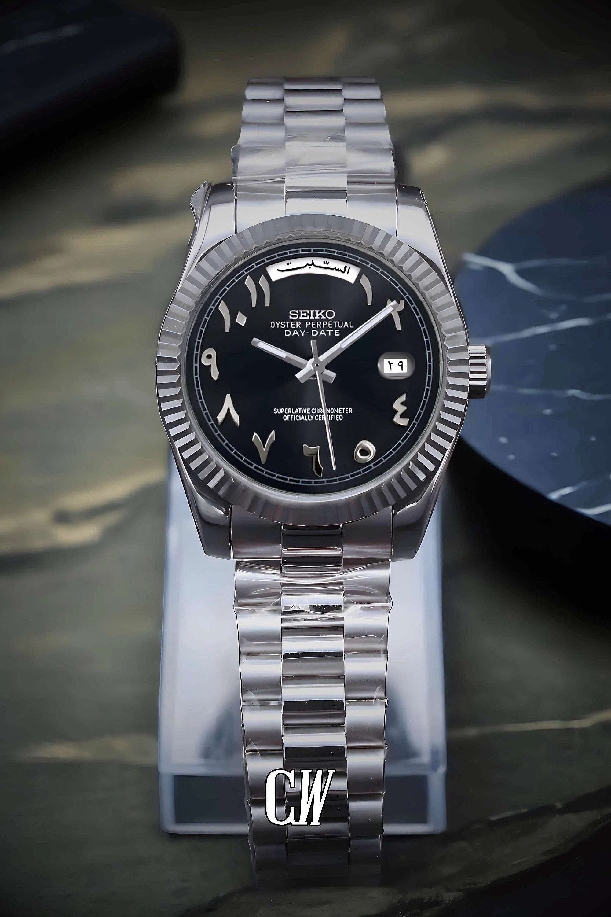 Seikojust mod daydate black arabic automatic watch - Circa Watch Labs