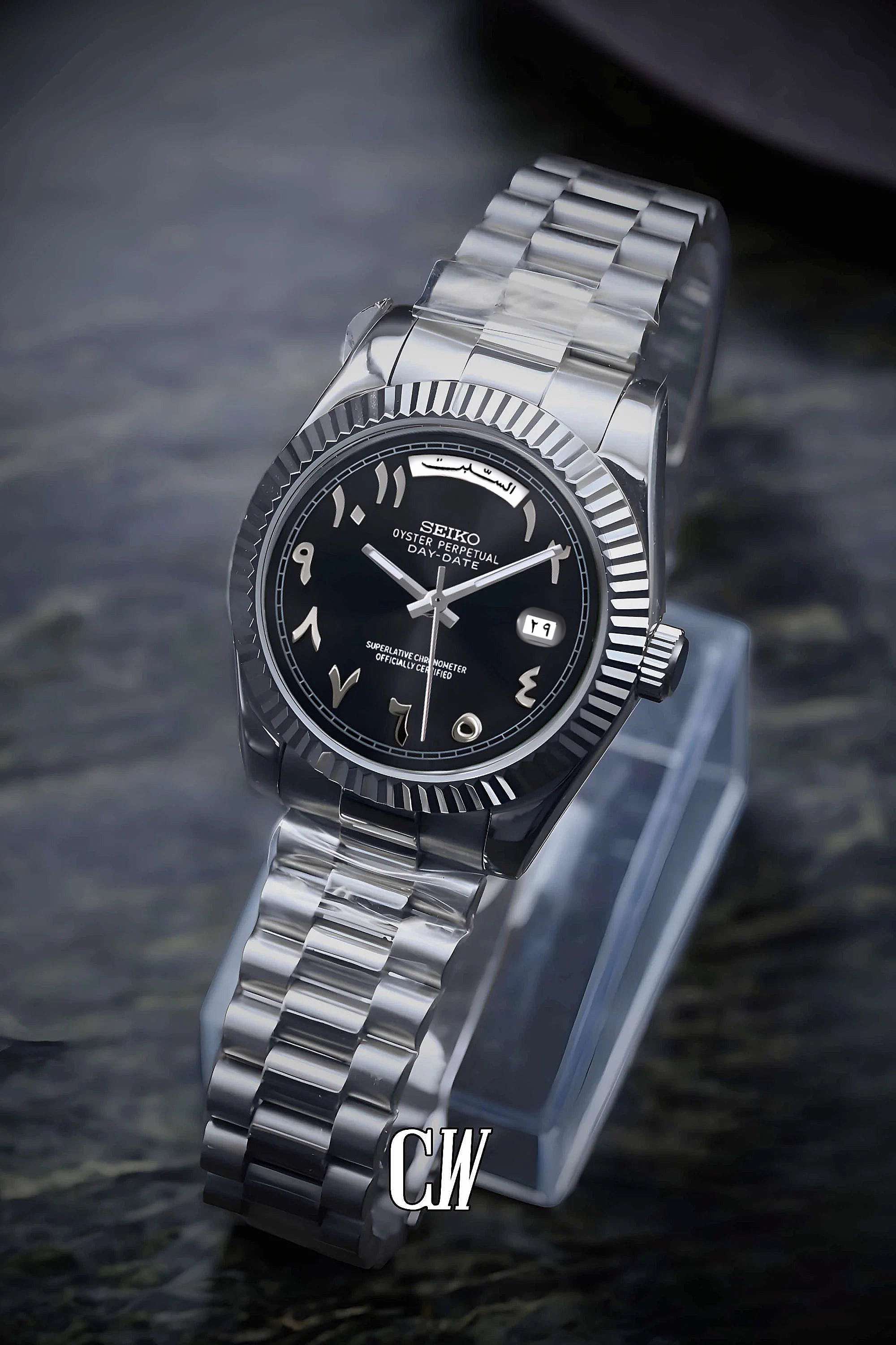 Seikojust mod daydate black arabic automatic watch - Circa Watch Labs seiko mod