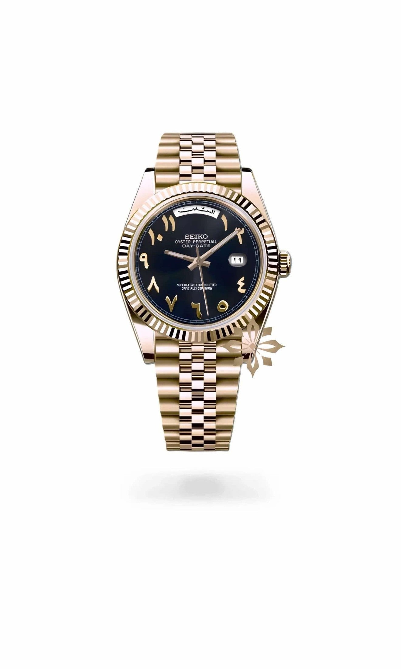 Seikojust mod daydate black gold arabic automatic watch - Circa Watch Labs