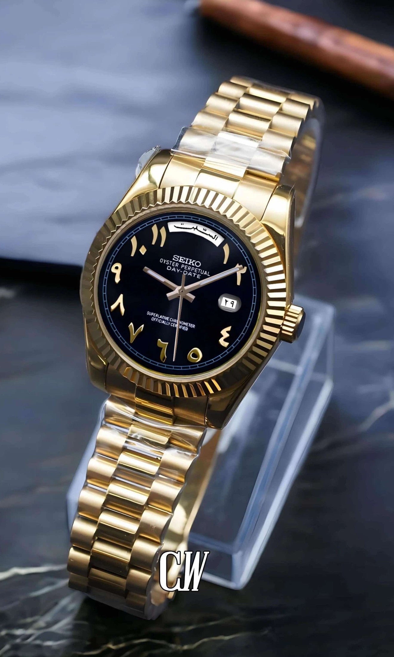 Seikojust mod daydate black gold arabic automatic watch - Circa Watch Labs