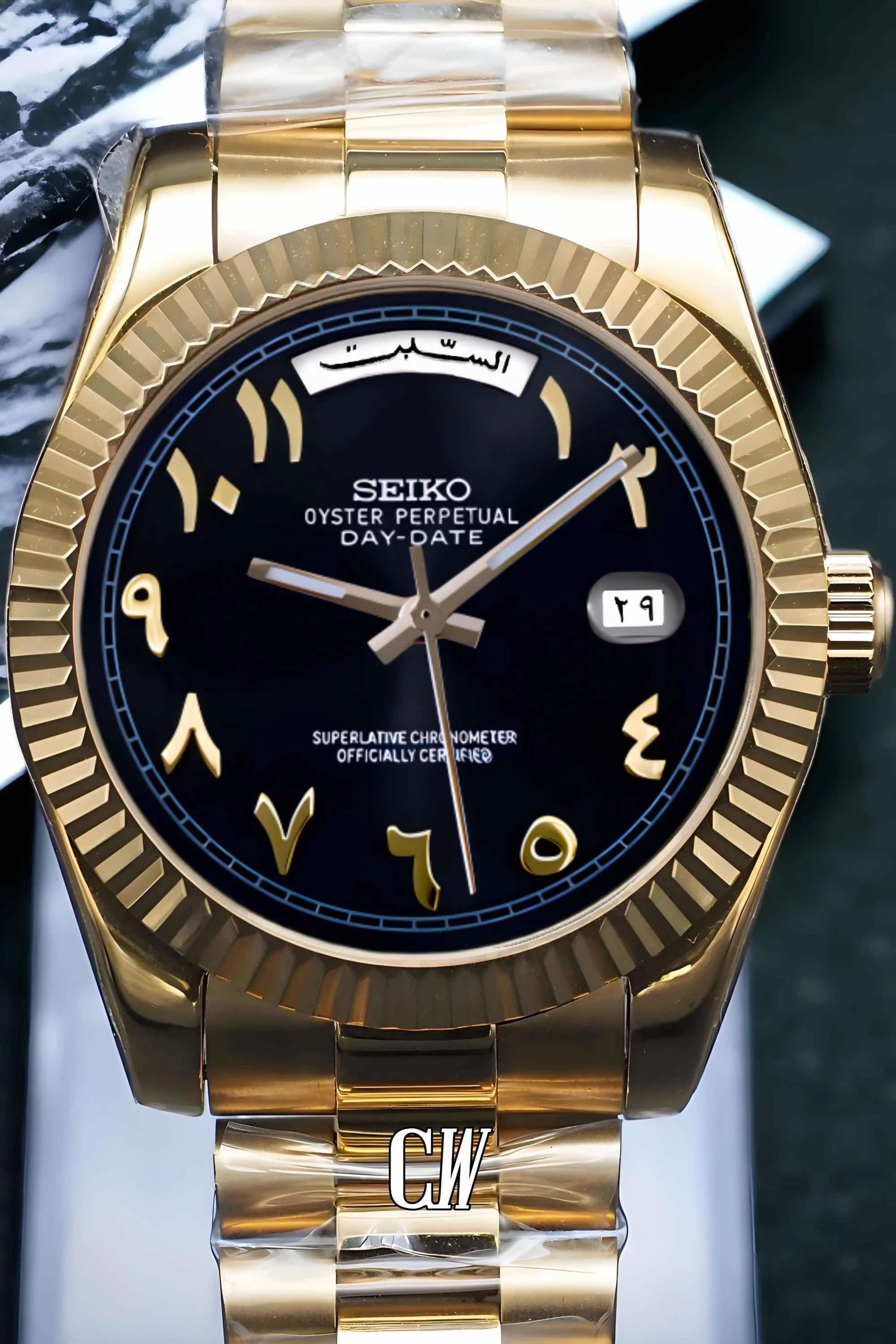 Seikojust mod daydate black gold arabic automatic watch - Circa Watch Labs seiko mod