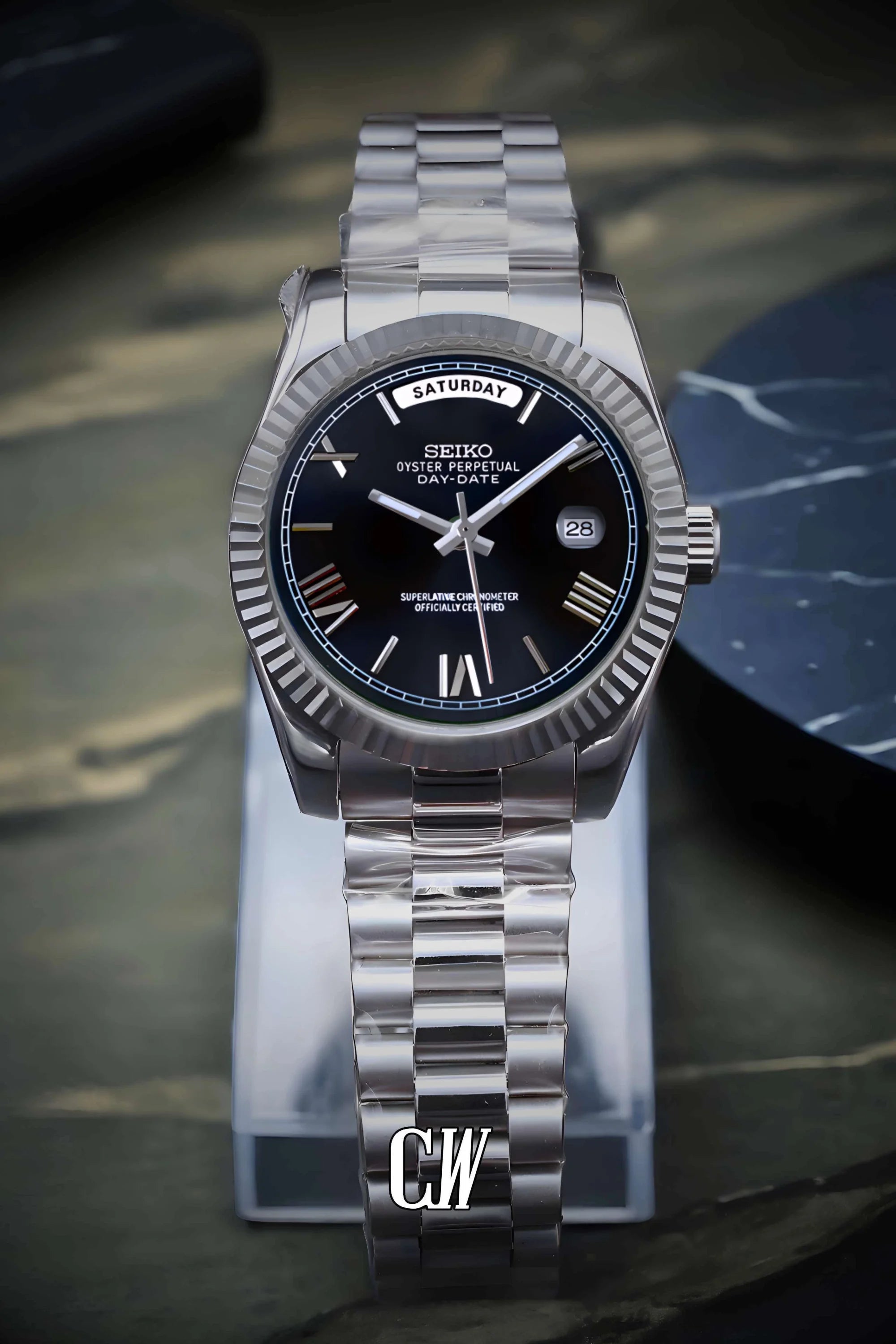 Seikojust mod daydate black roman numeral automatic watch - Circa Watch Labs
