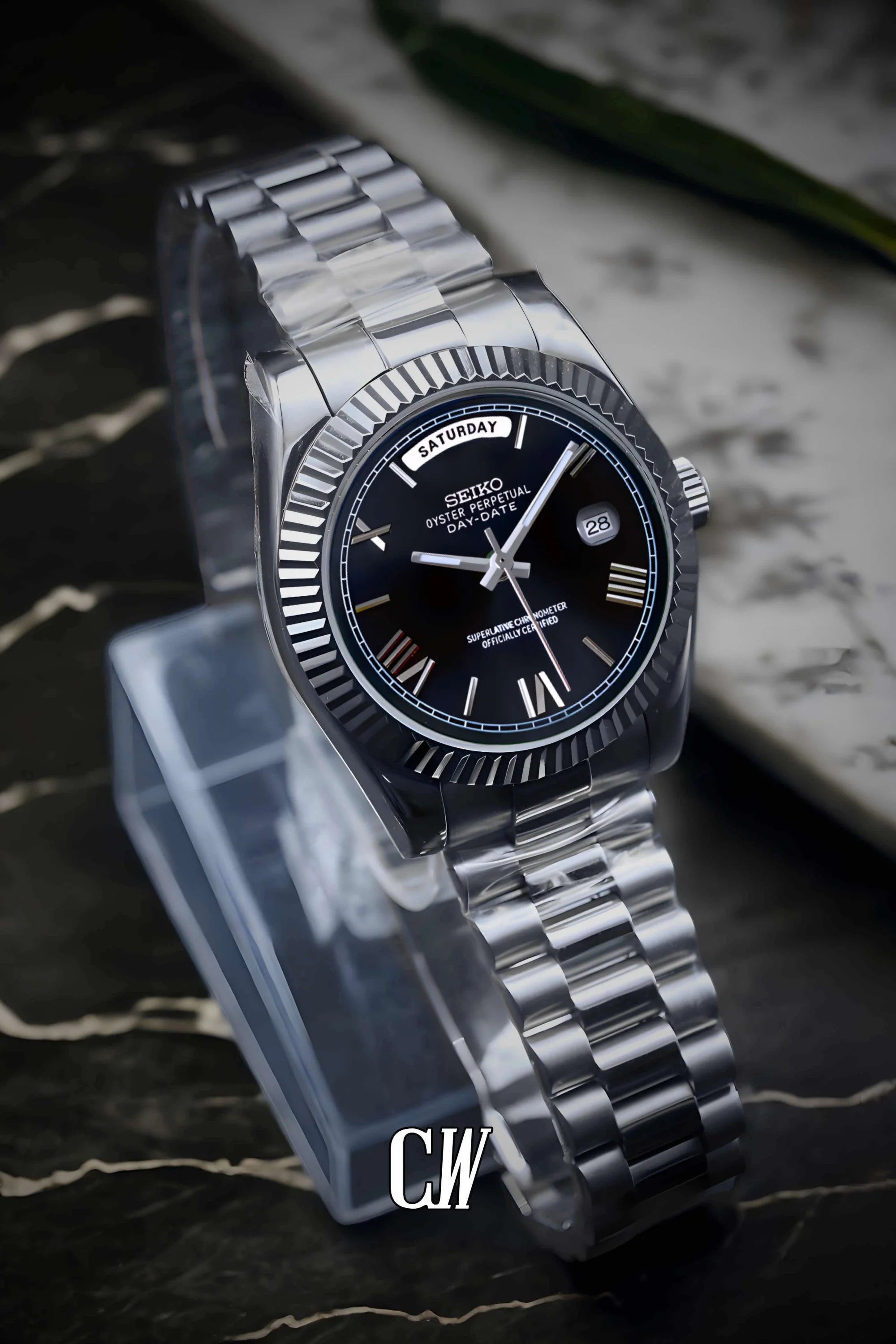 Seikojust mod daydate black roman numeral automatic watch - Circa Watch Labs