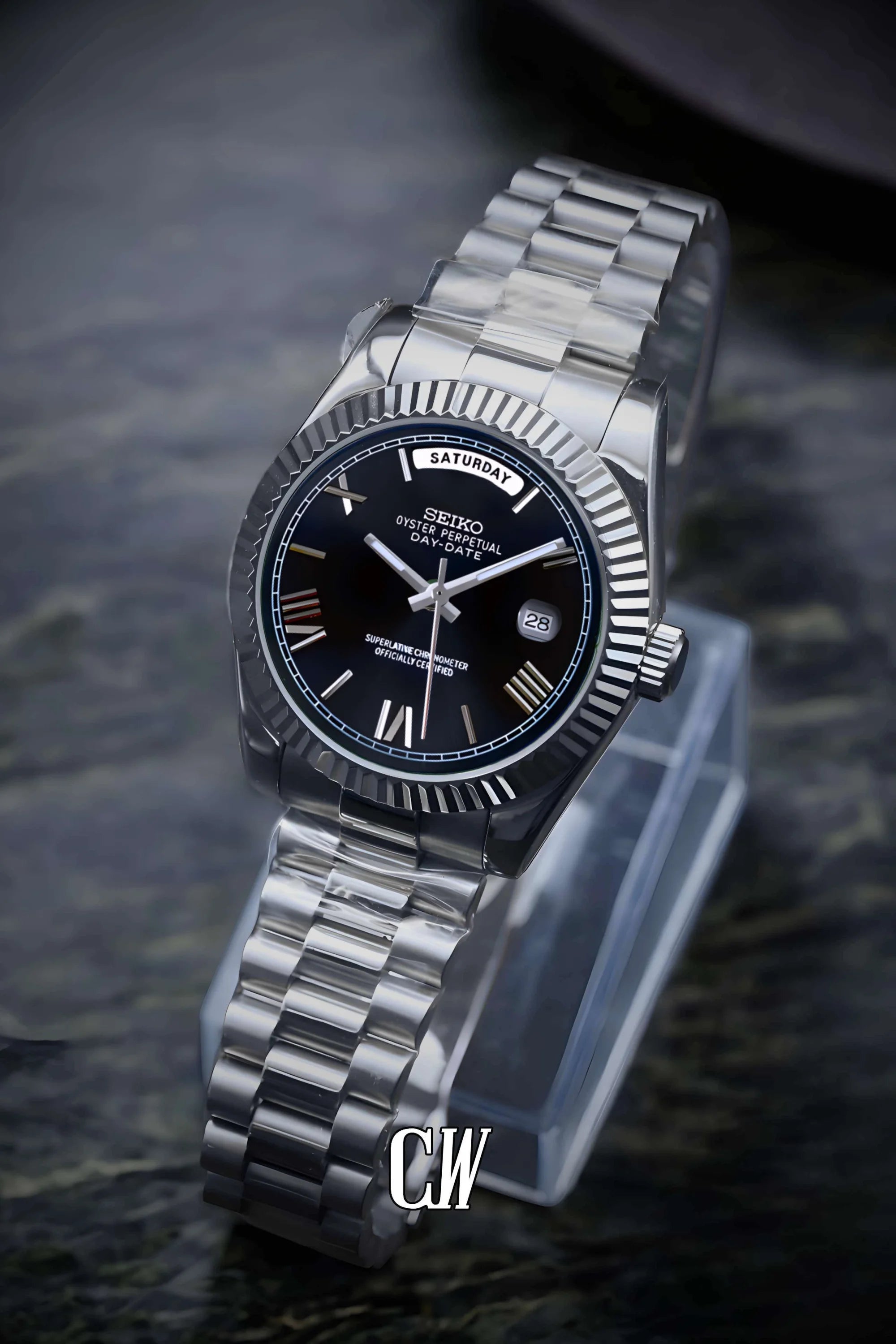Seikojust mod daydate black roman numeral automatic watch - Circa Watch Labs