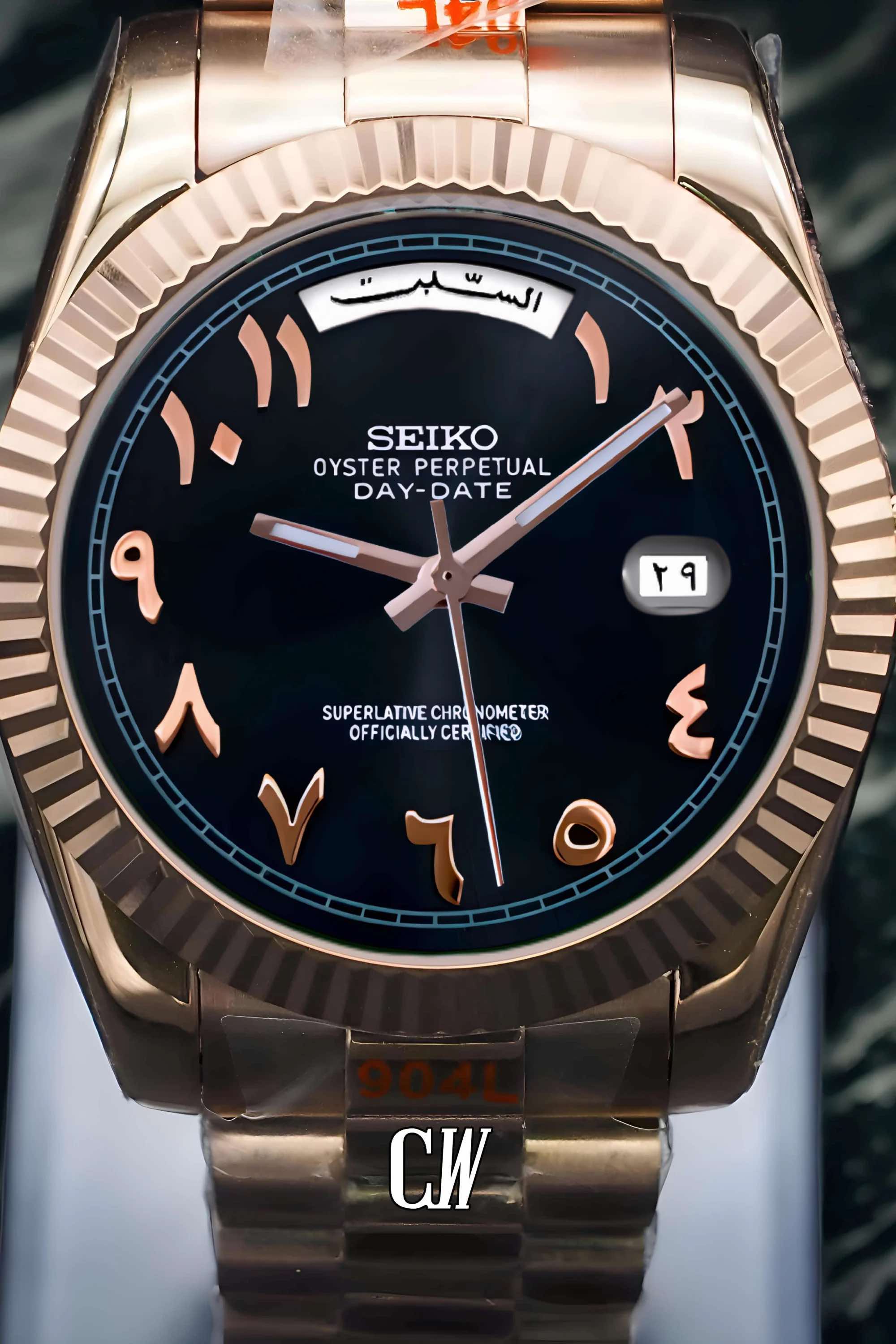 Seikojust mod daydate black rose gold arabic automatic watch