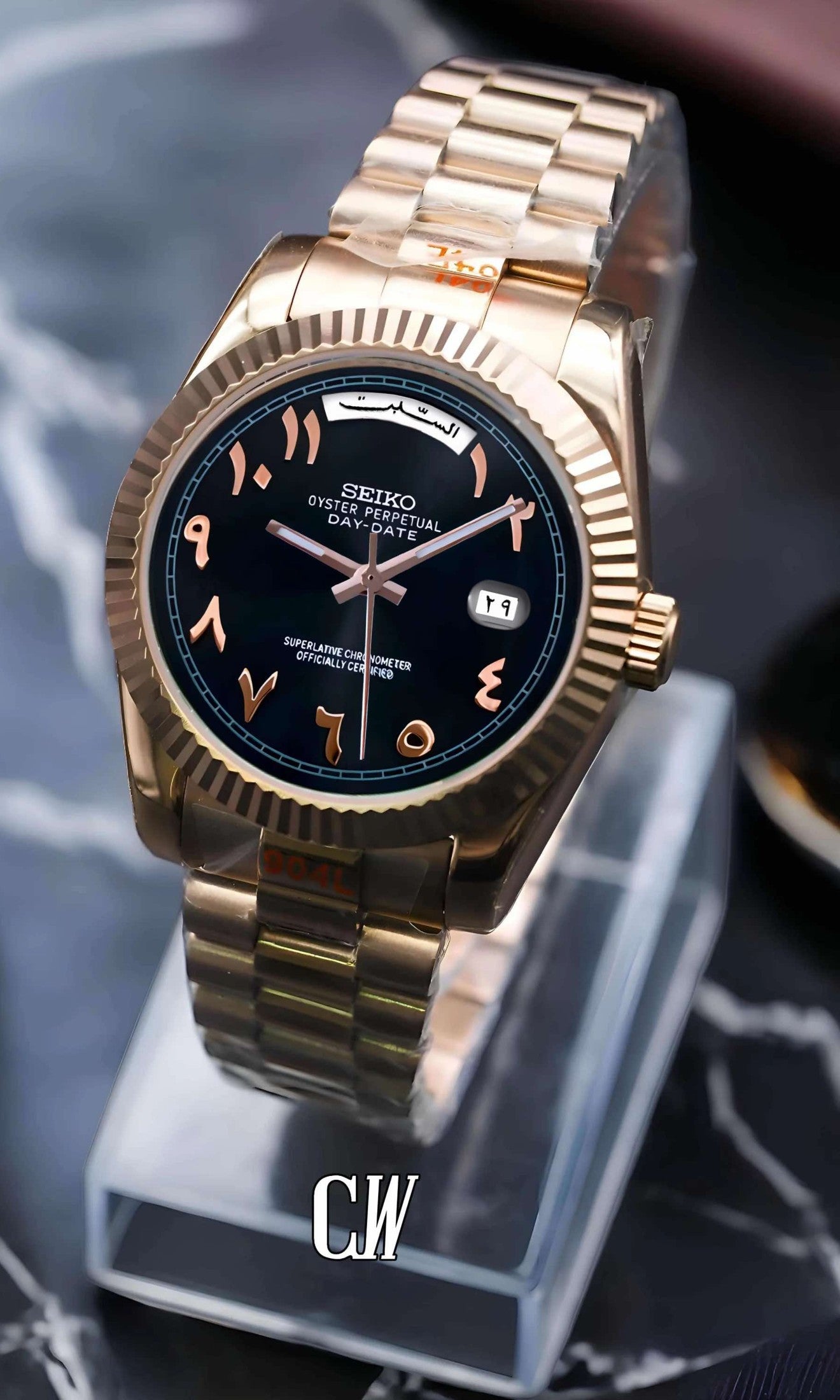 Seikojust mod daydate black rose gold arabic automatic watch - Circa Watch Labs seiko mod