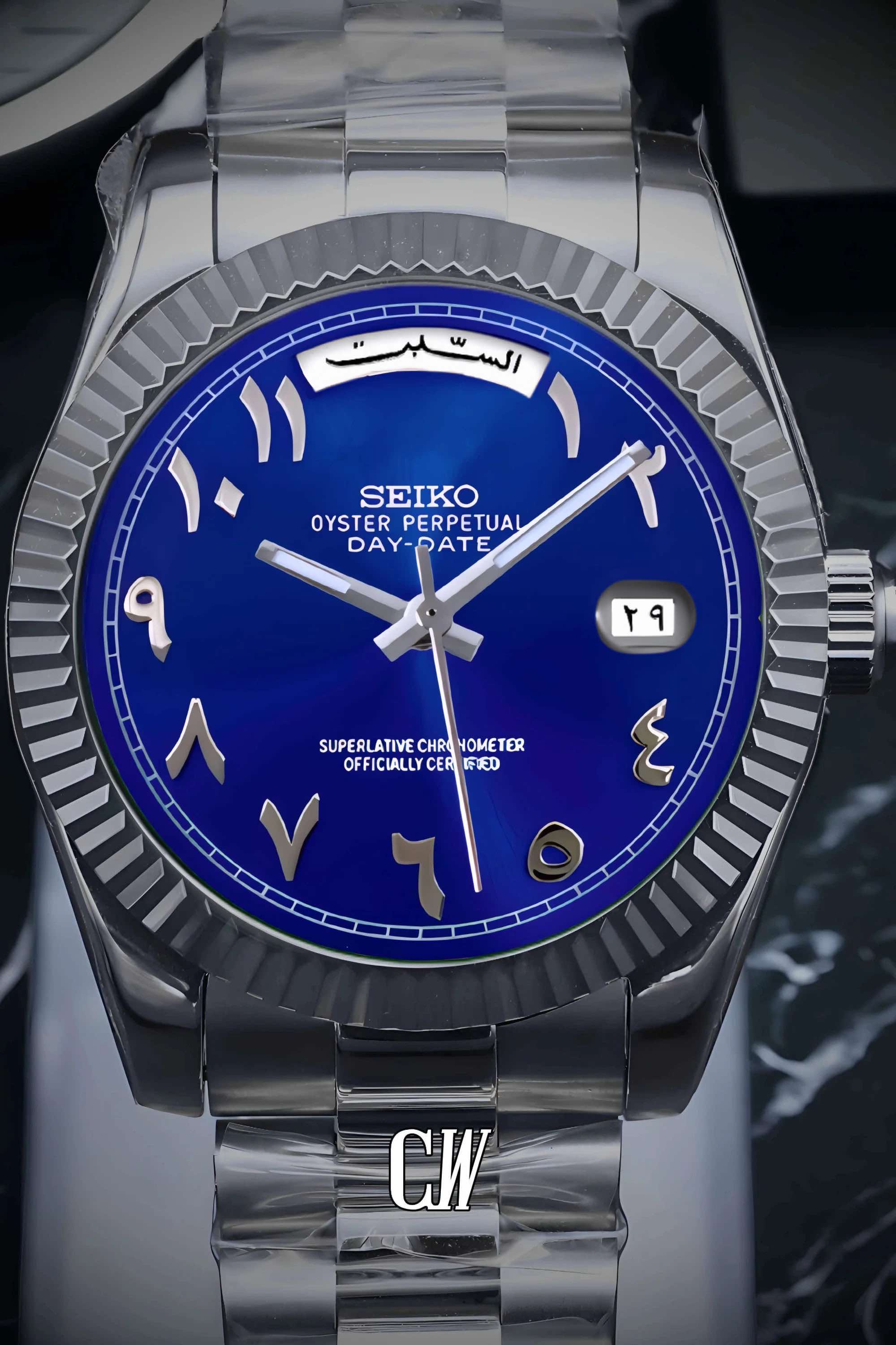 Seikojust mod daydate blue arabic automatic watch - Circa Watch Labs seiko mod